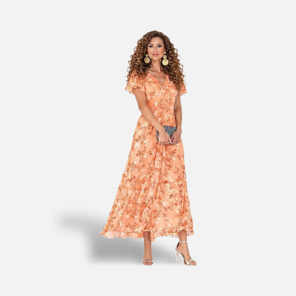The Athletics Society | Women's Floral Maxi Dress V-Neck Flutter Sleeve Lightweight - 6