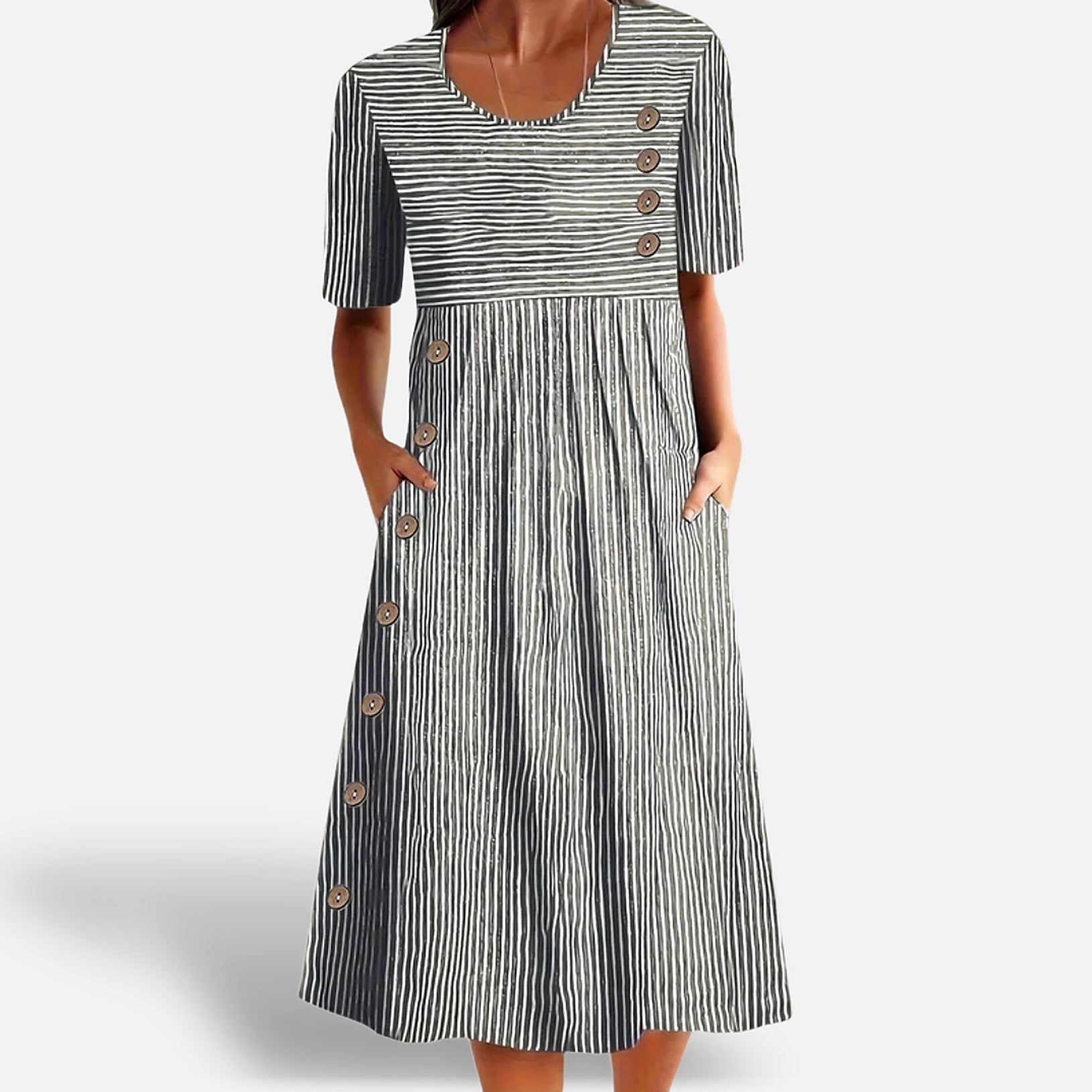 The Athletics Society | Women's Striped Midi Dress 3/4 Sleeve Lightweight Casual Fit - 2
