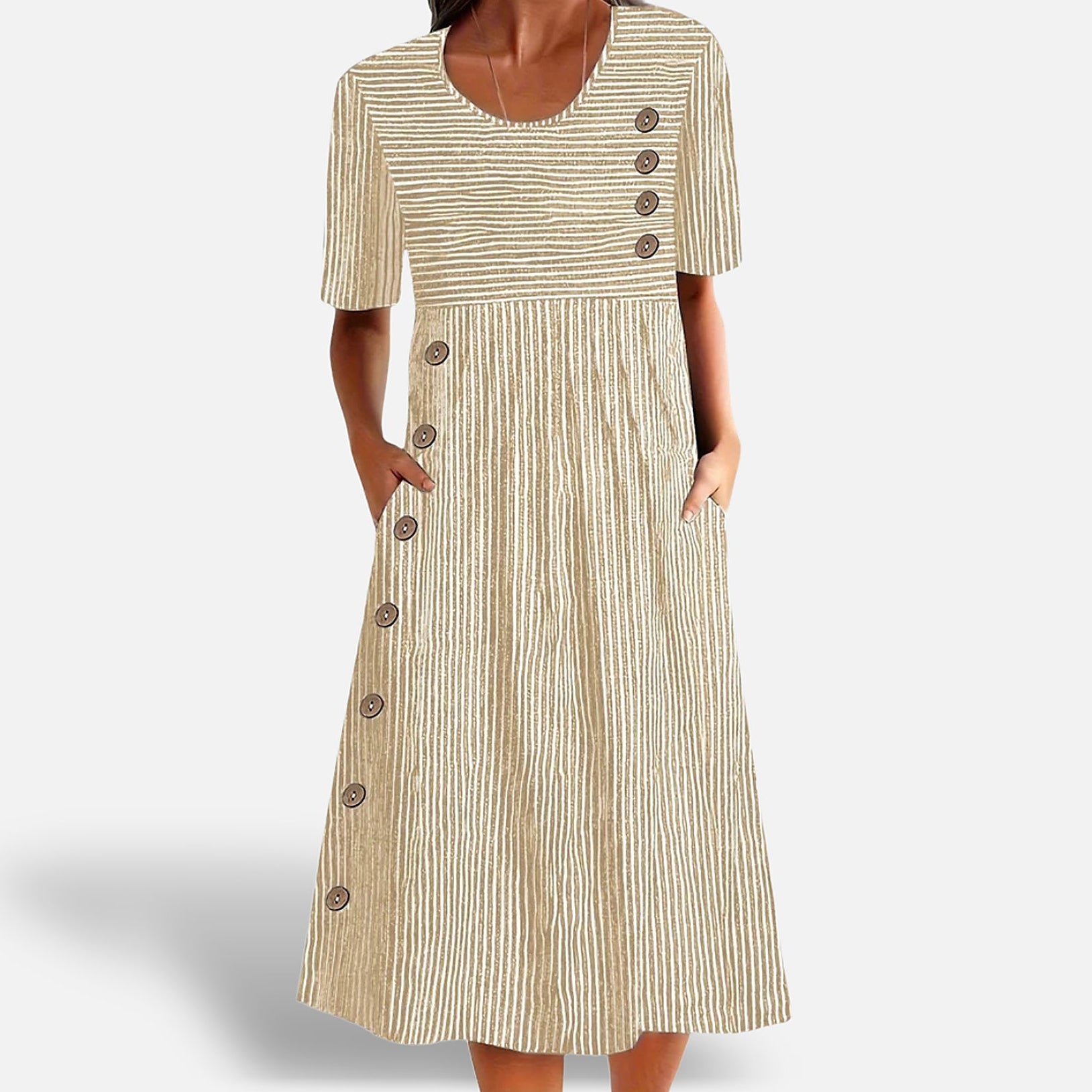 The Athletics Society | Women's Striped Midi Dress 3/4 Sleeve Lightweight Casual Fit - 3