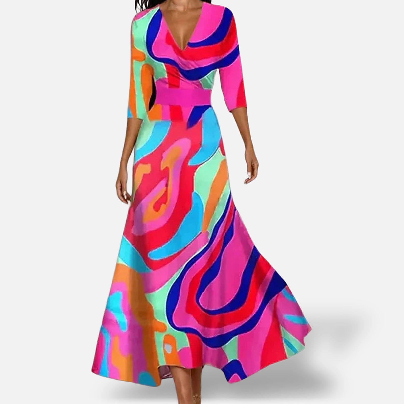 The Athletics Society | Women's Floral Wrap Dress Breathable 3/4 Sleeve Midi Flowing Skirt - 4