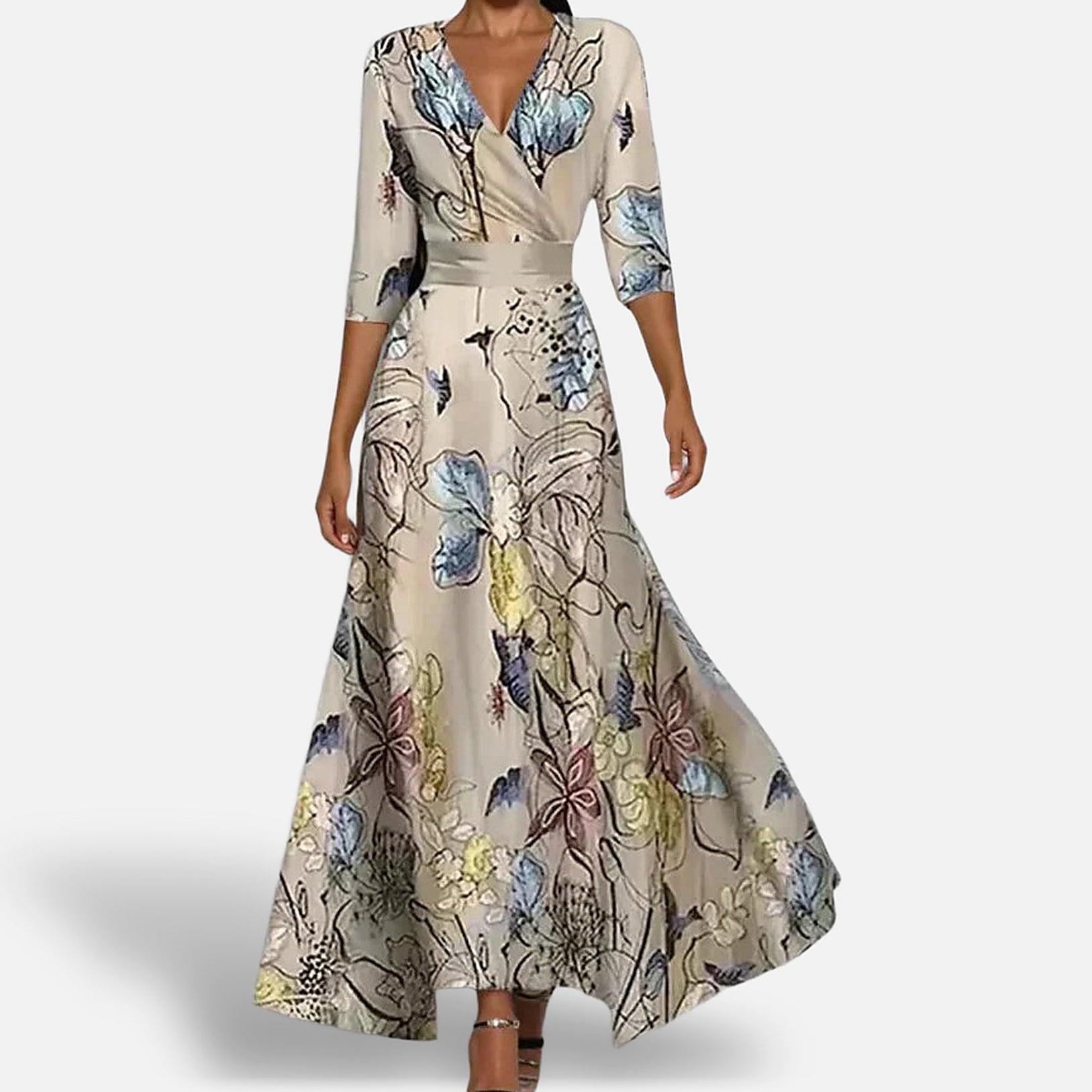 The Athletics Society | Women's Floral Wrap Dress Breathable 3/4 Sleeve Midi Flowing Skirt - 2