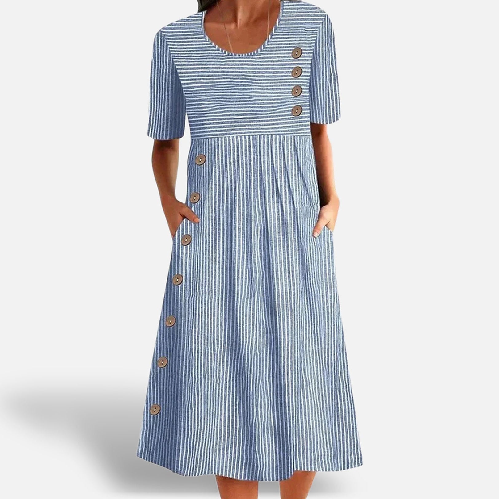 The Athletics Society | Women's Striped Midi Dress 3/4 Sleeve Lightweight Casual Fit - 1