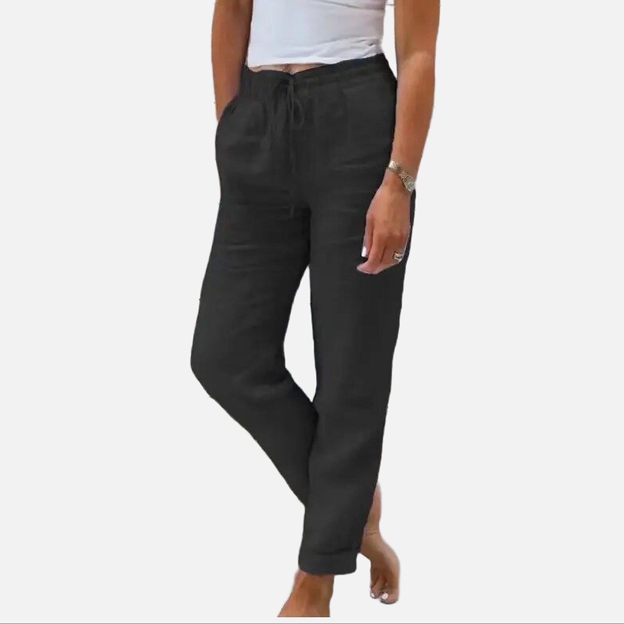 The Athletics Society | Women's Linen Cotton Pants Elastic Waist Straight Leg Casual - 3