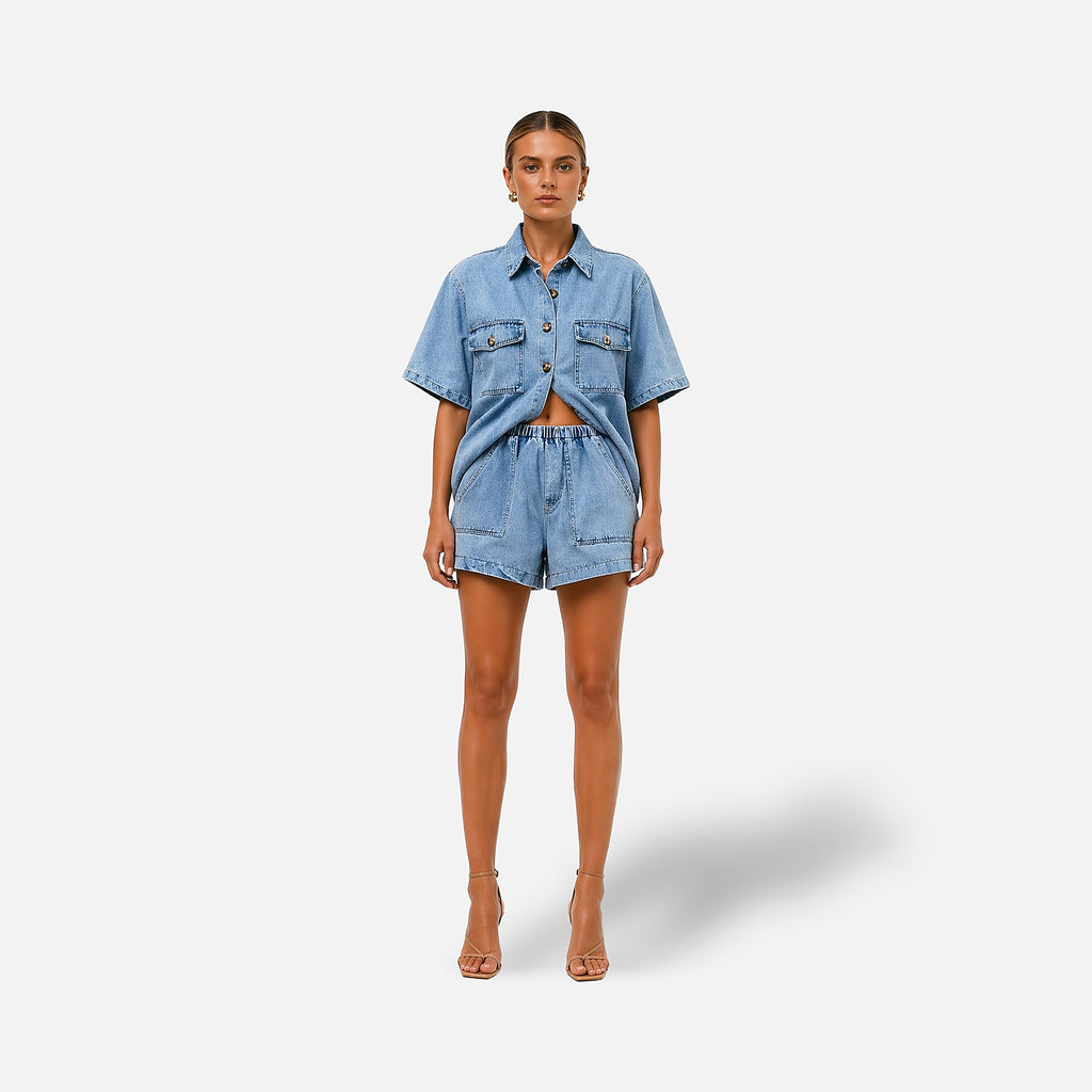 The Athletics Society | Women's Denim Two Piece Set Shirt & High-Waist Shorts Blue - 5
