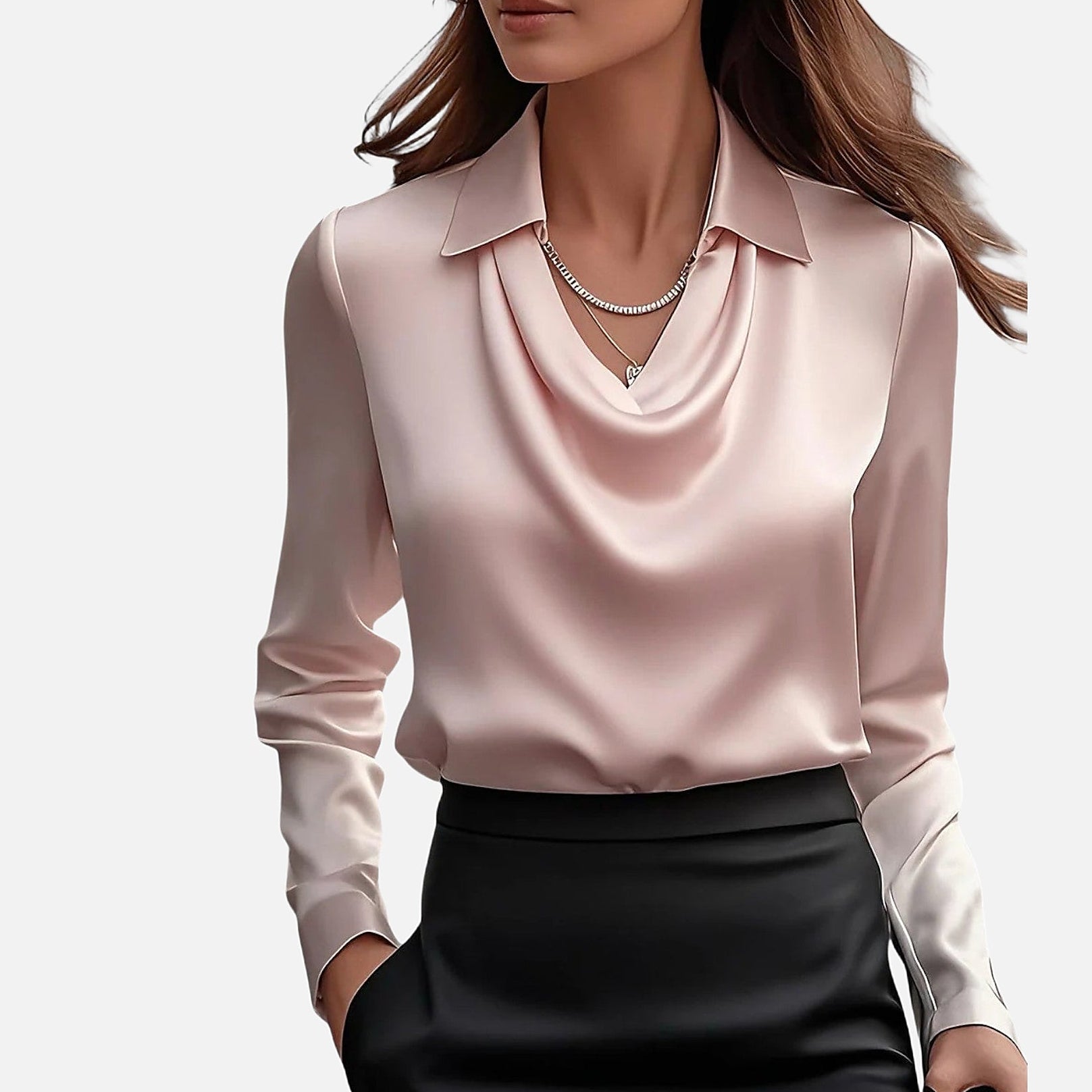 The Athletics Society | Women's Satin Blouse Draped Neckline Slim Fit Elegant Top - 10
