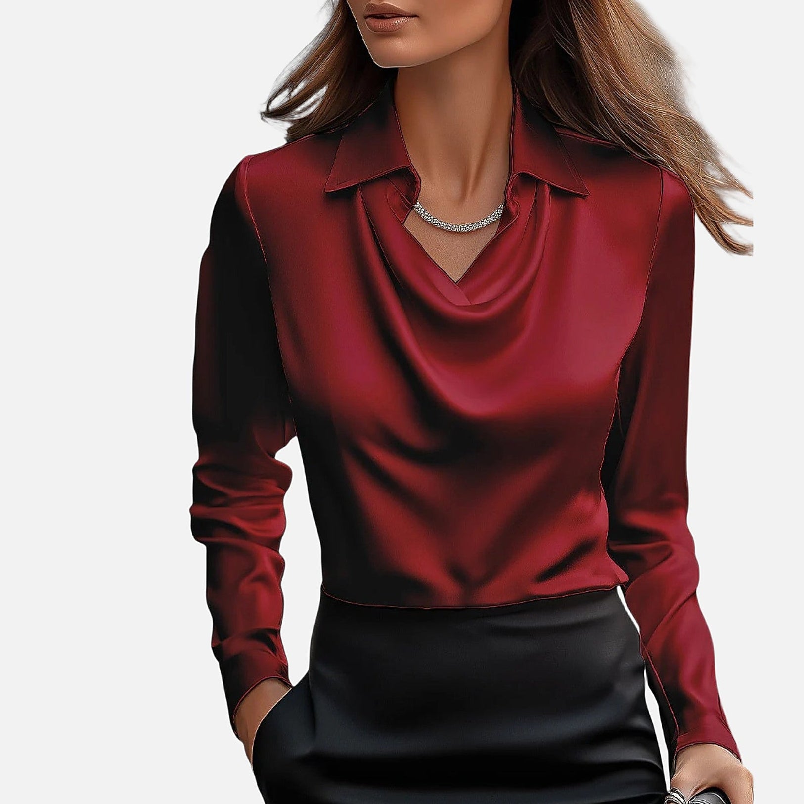 The Athletics Society | Women's Satin Blouse Draped Neckline Slim Fit Elegant Top - 11