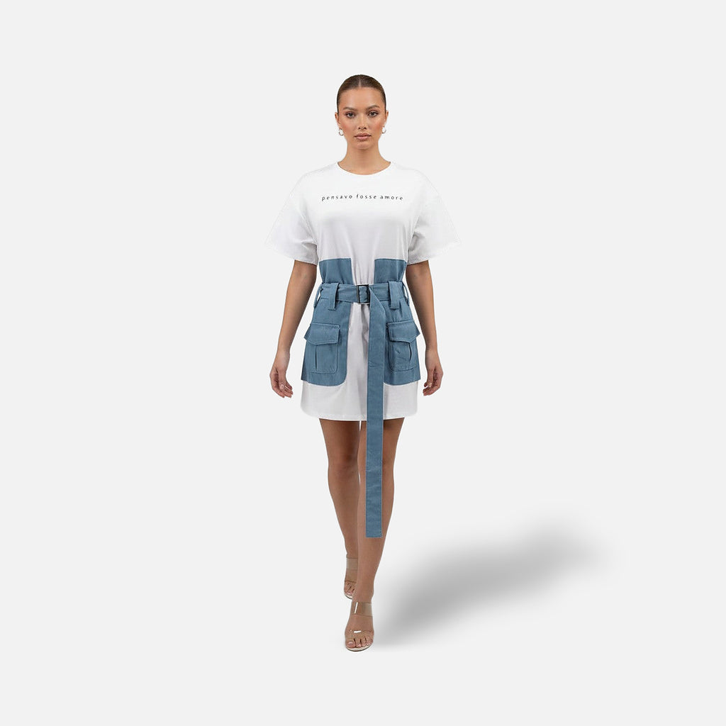 The Athletics Society | Women's White Denim Mini Dress Oversized Fit Belt & Utility Pockets - 1