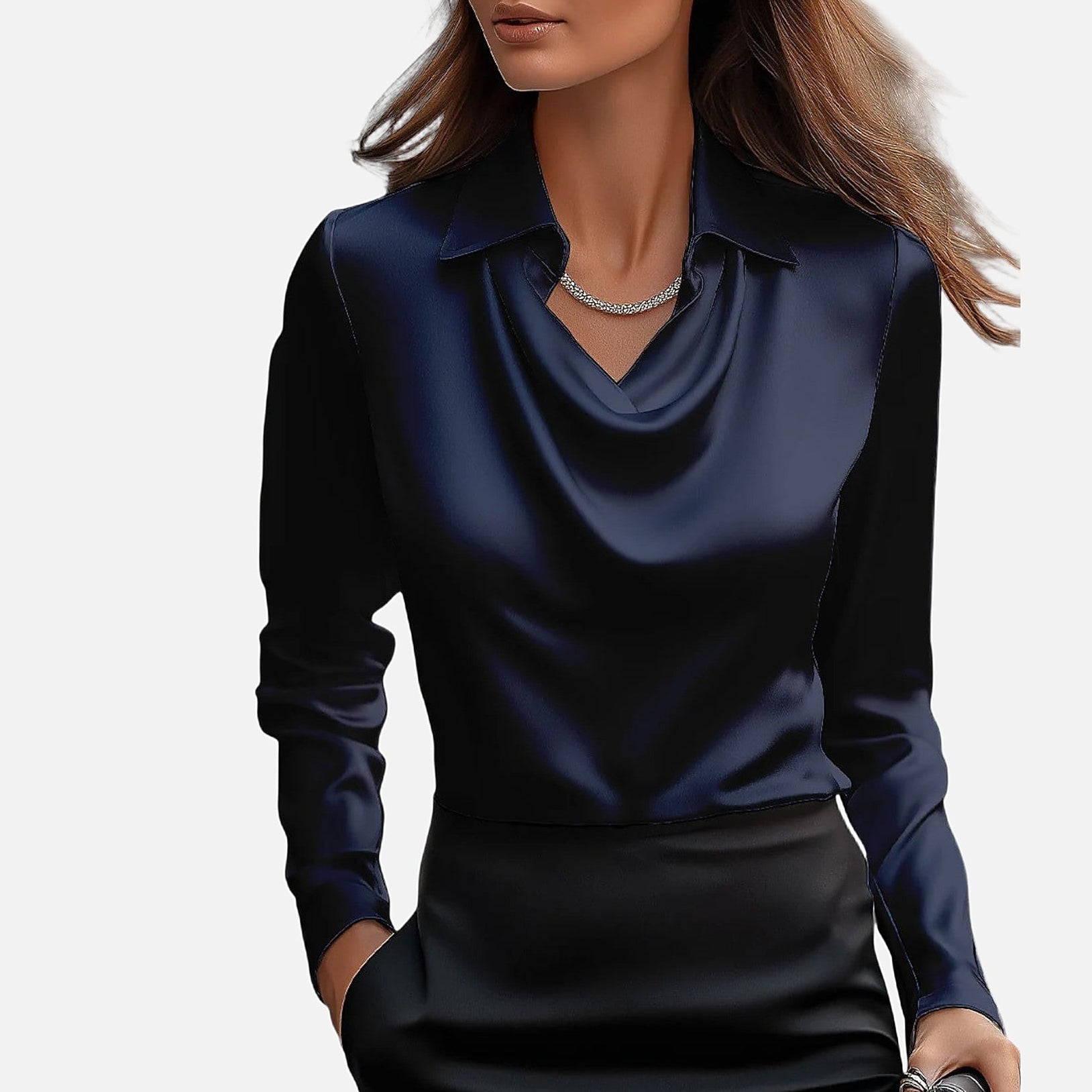 The Athletics Society | Women's Satin Blouse Draped Neckline Slim Fit Elegant Top - 7