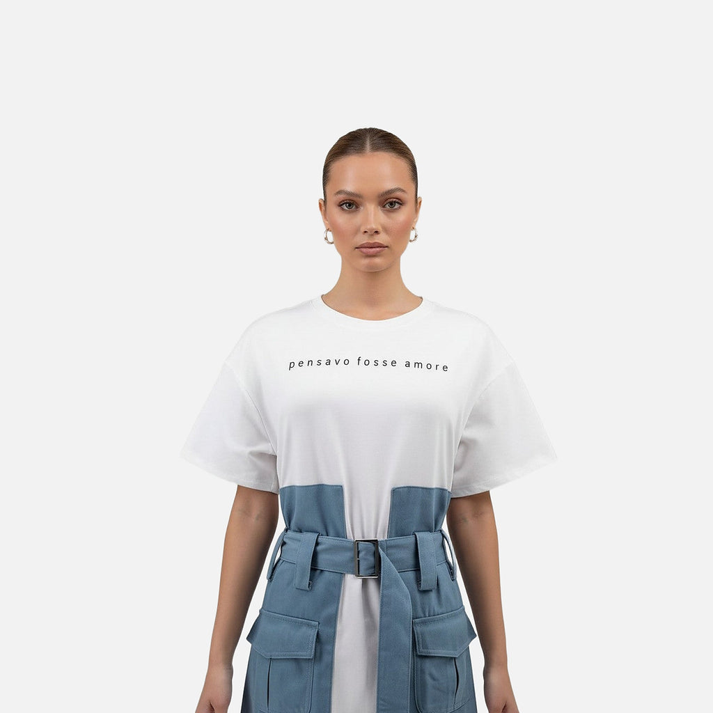 The Athletics Society | Women's White Denim Mini Dress Oversized Fit Belt & Utility Pockets - 3