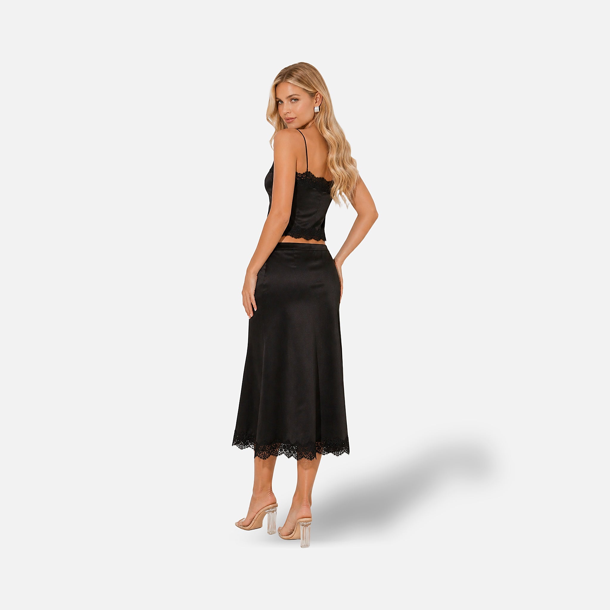 The Athletics Society | Women's Satin Lace Co-Ord Set Black Cami Top & Midi Skirt - 3