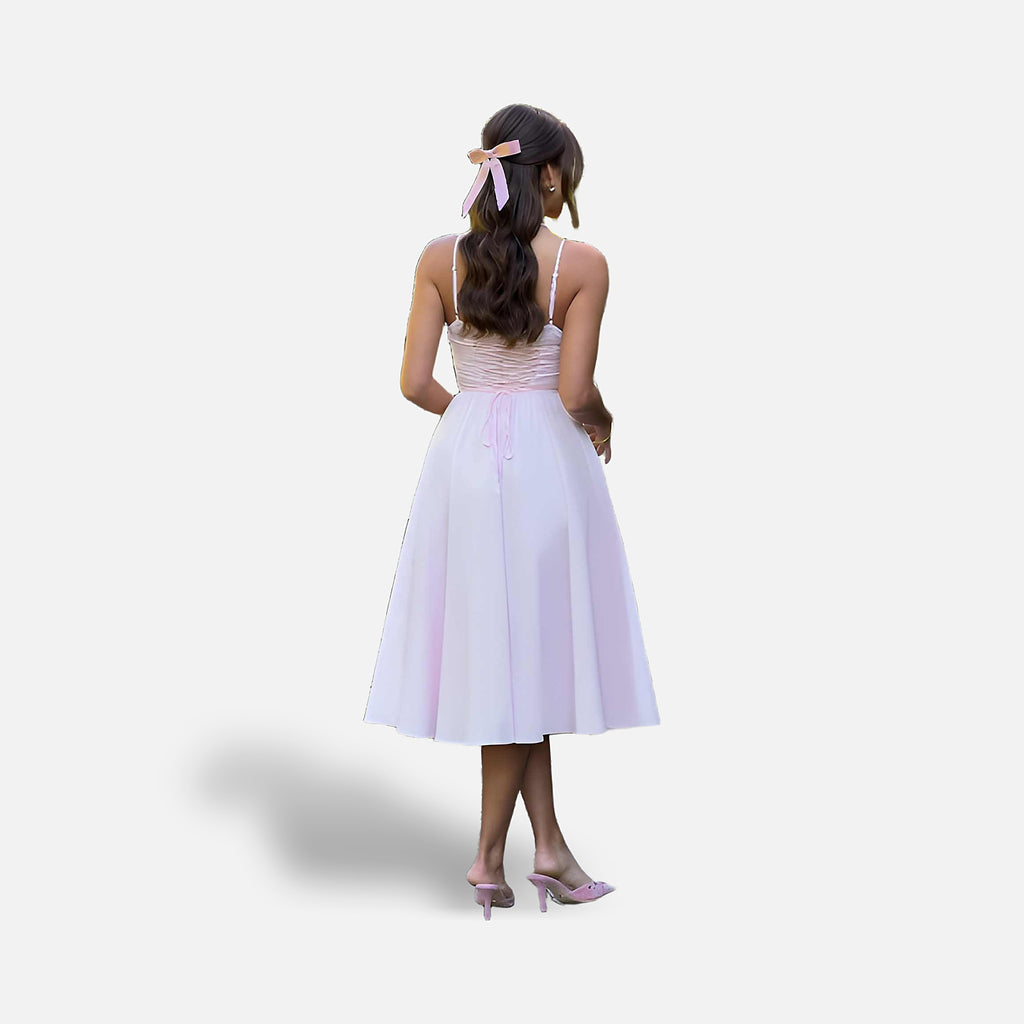 The Athletics Society | Women's Blush Pink Corset Midi Dress A-Line Structured Bodice - 4