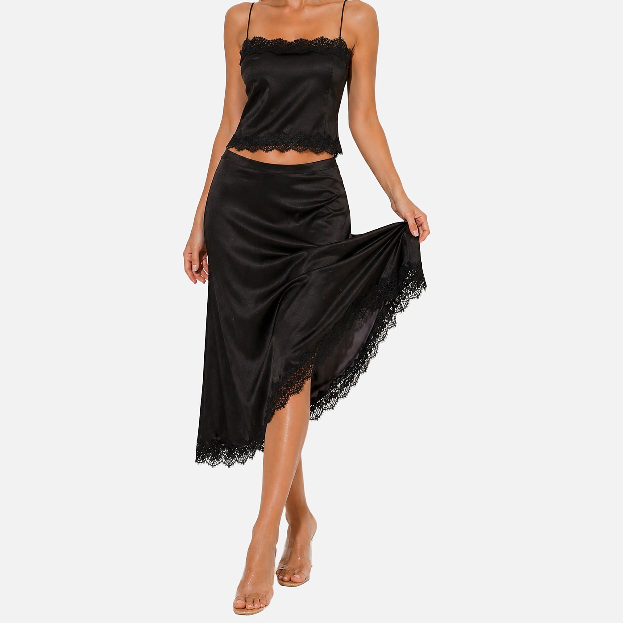 The Athletics Society | Women's Satin Lace Co-Ord Set Black Cami Top & Midi Skirt - 6