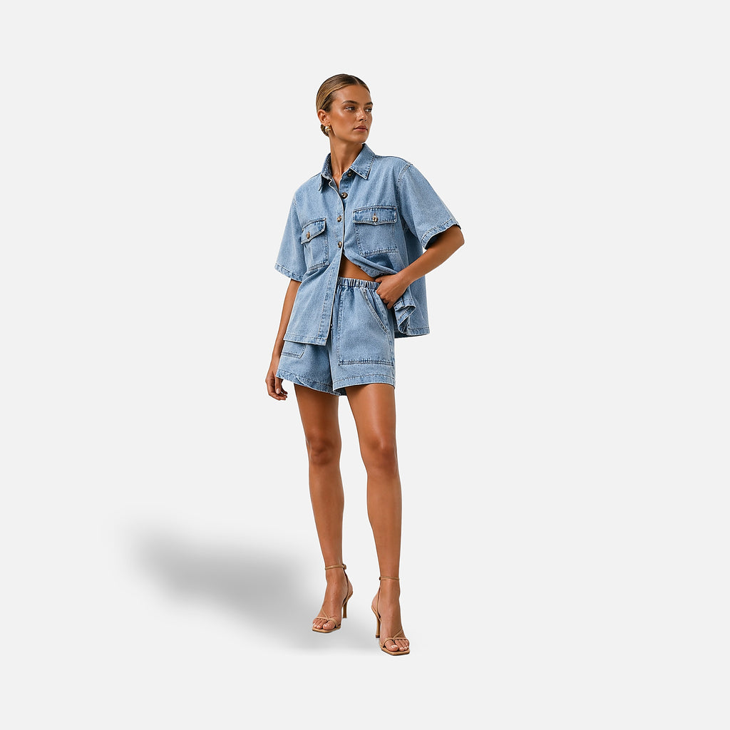 The Athletics Society | Women's Denim Two Piece Set Shirt & High-Waist Shorts Blue - 6