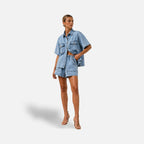 The Athletics Society | Women's Denim Two Piece Set Shirt & High-Waist Shorts Blue - 6