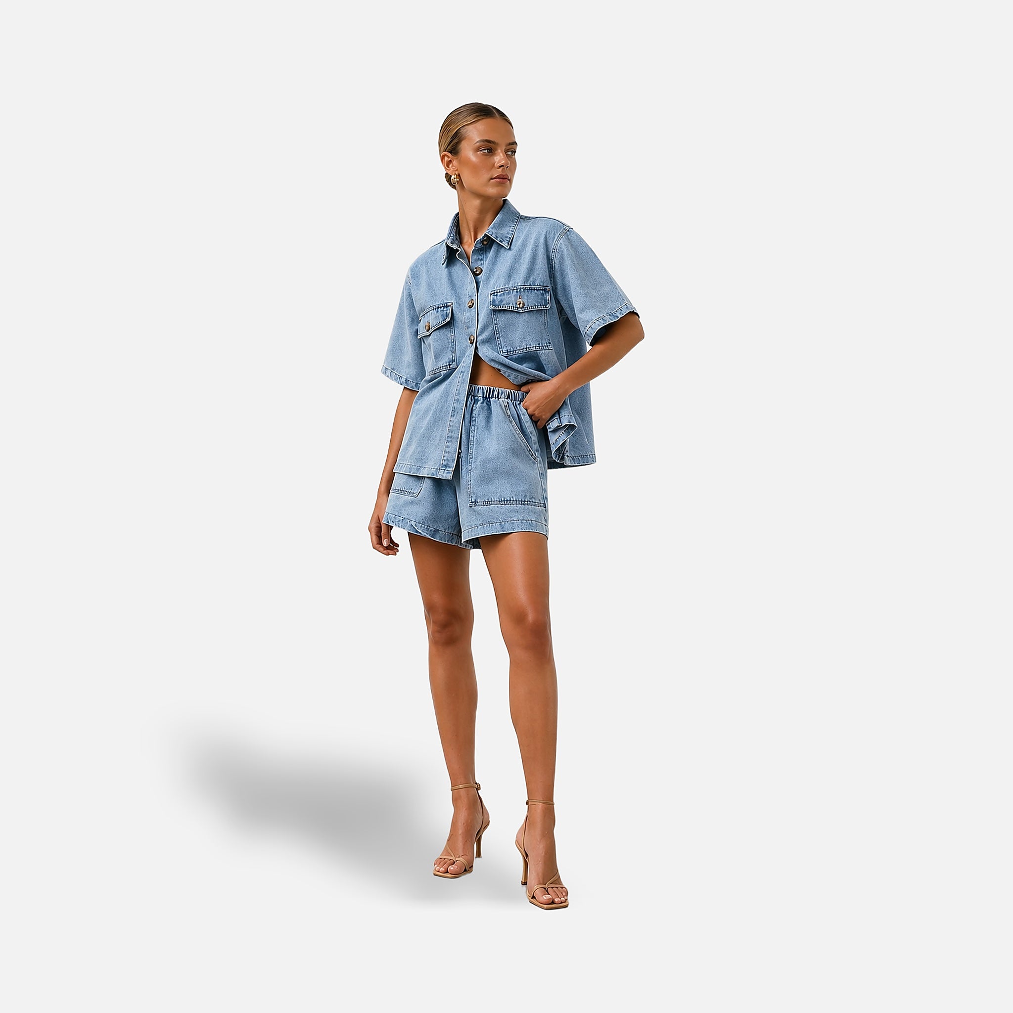The Athletics Society | Women's Denim Two Piece Set Shirt & High-Waist Shorts Blue - 6