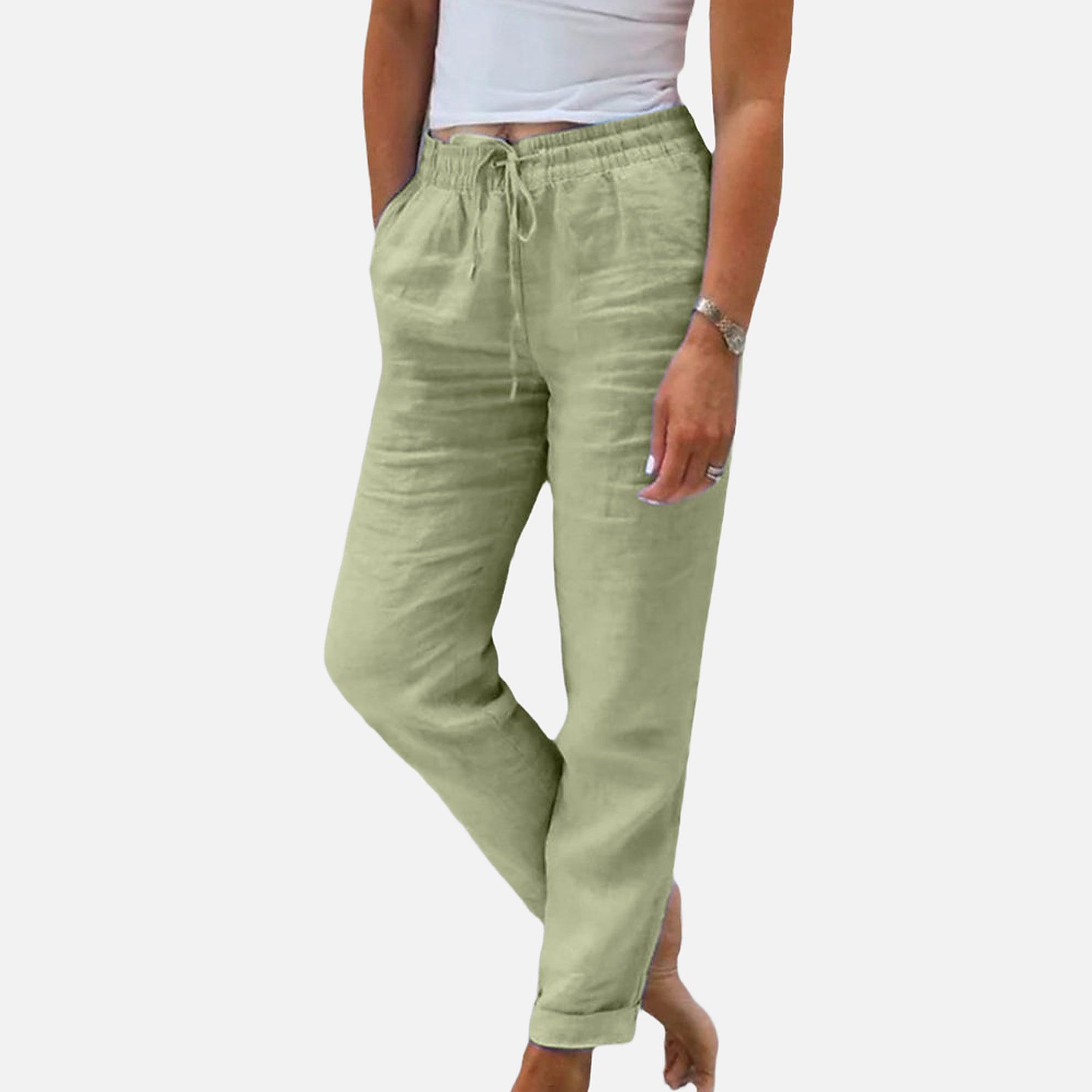 The Athletics Society | Women's Linen Cotton Pants Elastic Waist Straight Leg Casual - 7
