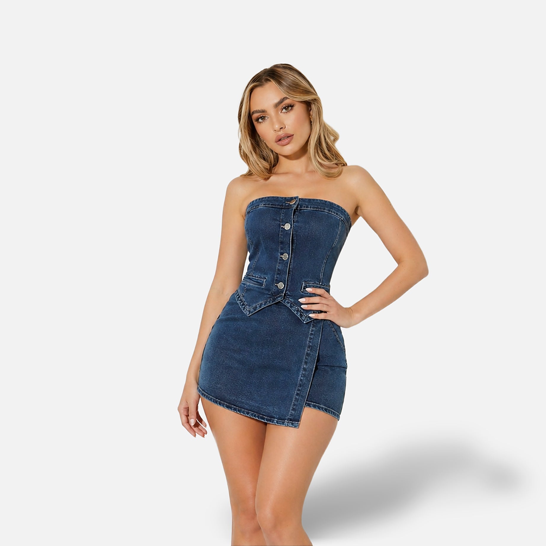 The Athletics Society | Women's Denim Two Piece Set Strapless Corset Top & Mini Skirt - 1