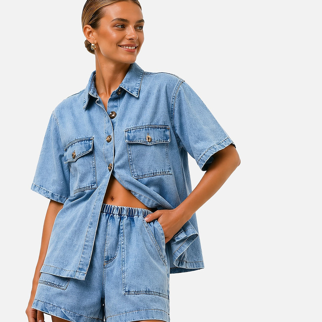 The Athletics Society | Women's Denim Two Piece Set Shirt & High-Waist Shorts Blue - 4