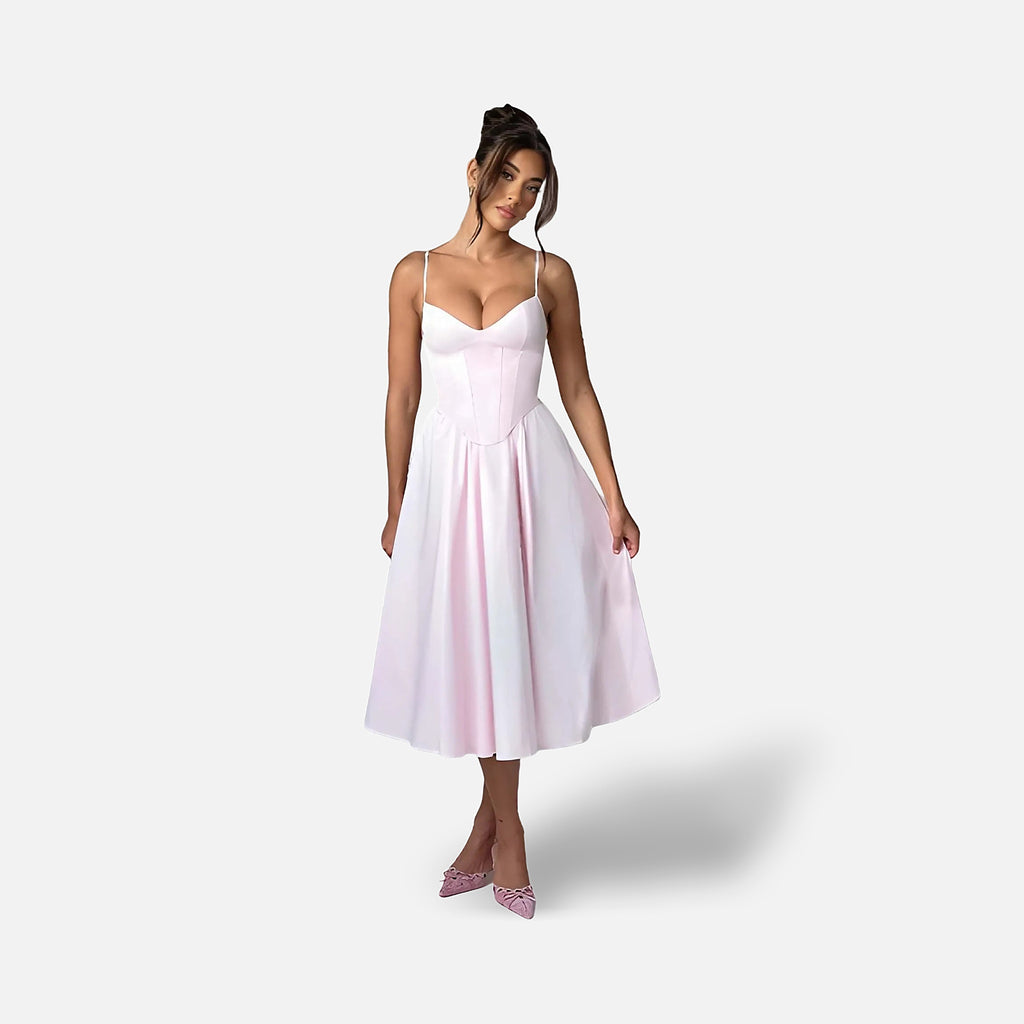The Athletics Society | Women's Blush Pink Corset Midi Dress A-Line Structured Bodice - 5