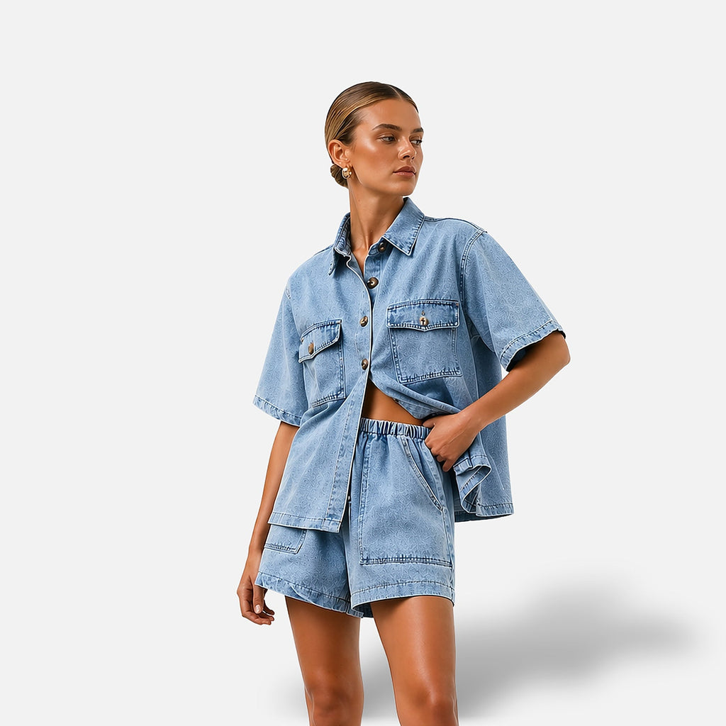 The Athletics Society | Women's Denim Two Piece Set Shirt & High-Waist Shorts Blue - 1