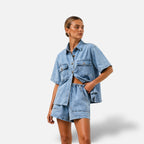 The Athletics Society | Women's Denim Two Piece Set Shirt & High-Waist Shorts Blue - 1