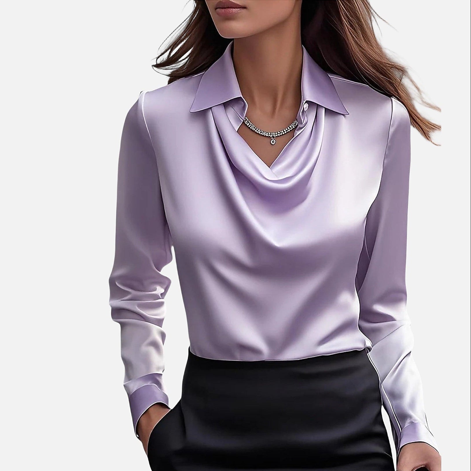The Athletics Society | Women's Satin Blouse Draped Neckline Slim Fit Elegant Top - 9
