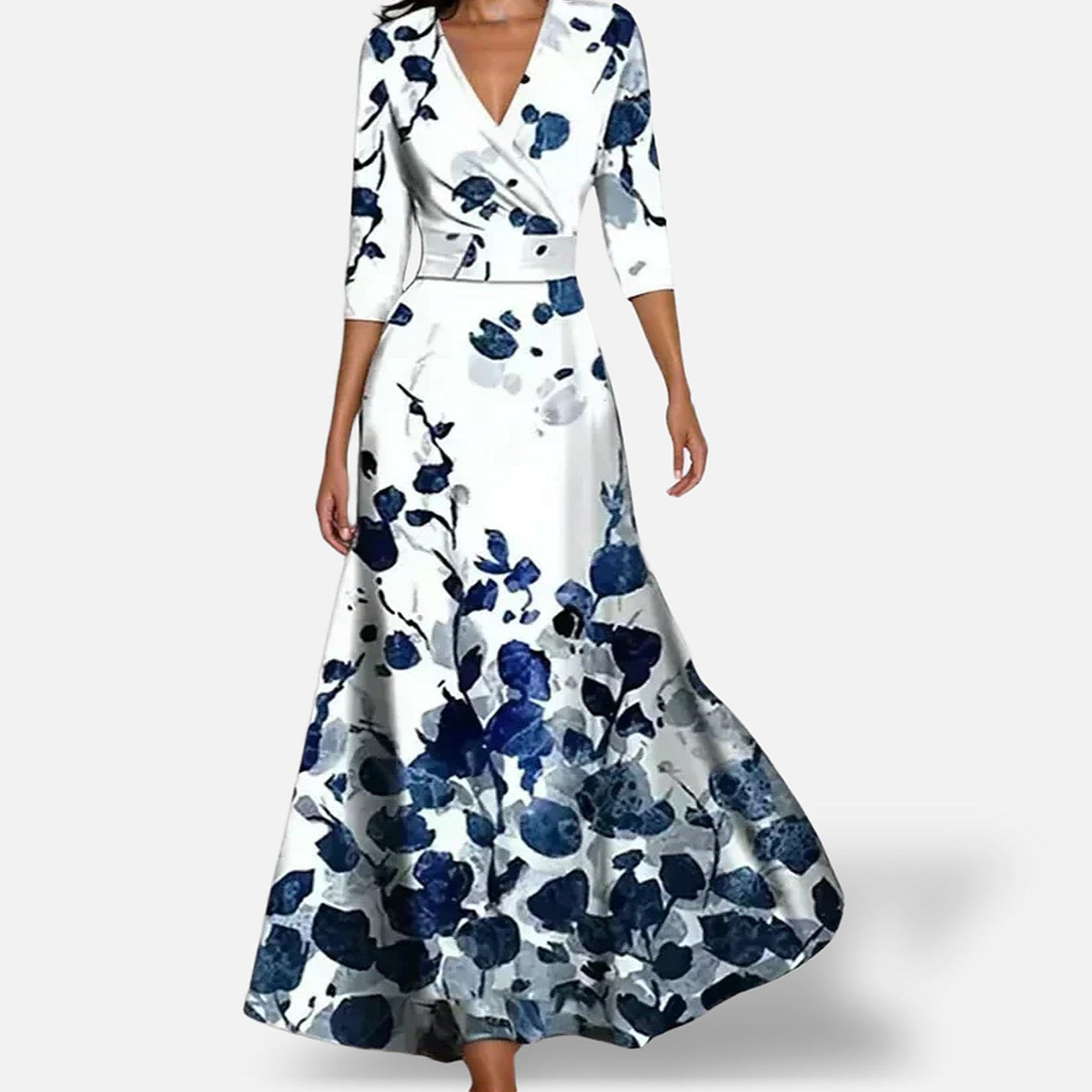 The Athletics Society | Women's Floral Wrap Dress Breathable 3/4 Sleeve Midi Flowing Skirt - 3