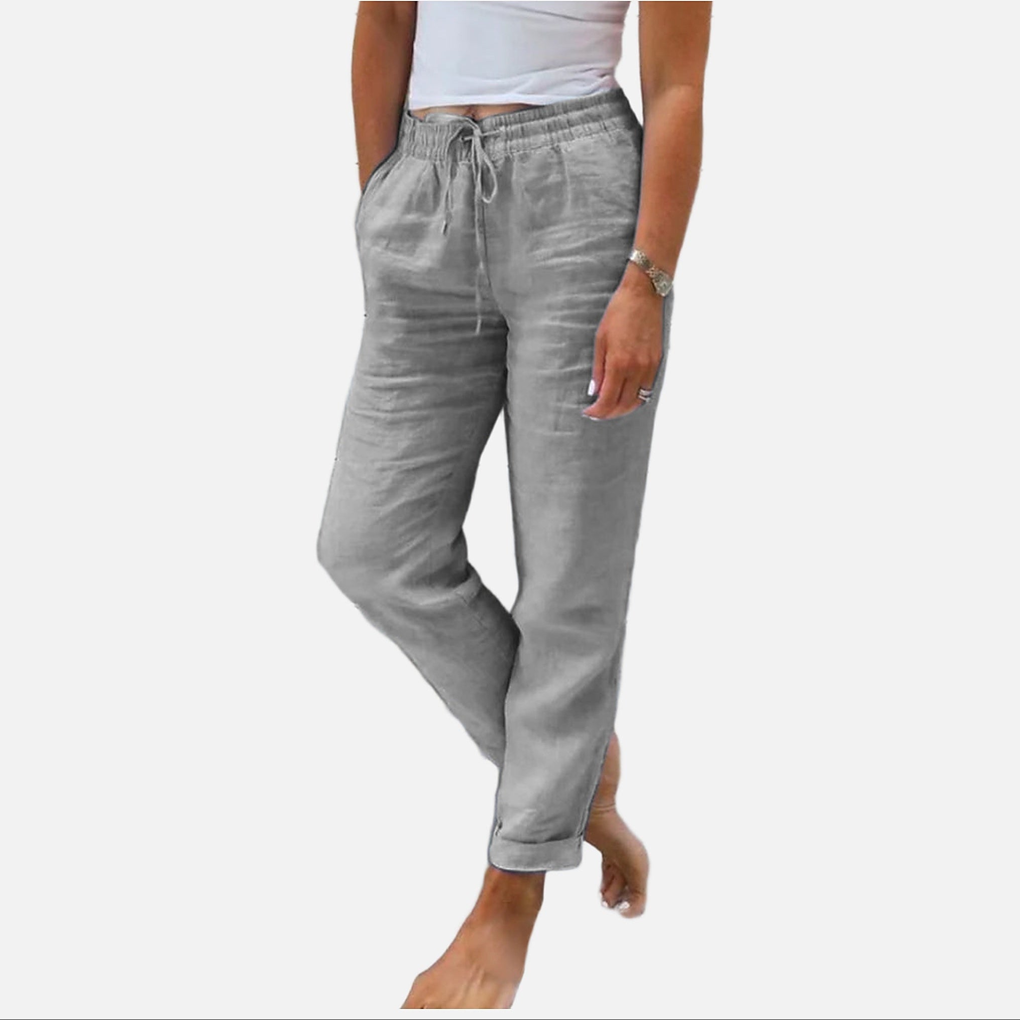 The Athletics Society | Women's Linen Cotton Pants Elastic Waist Straight Leg Casual - 1