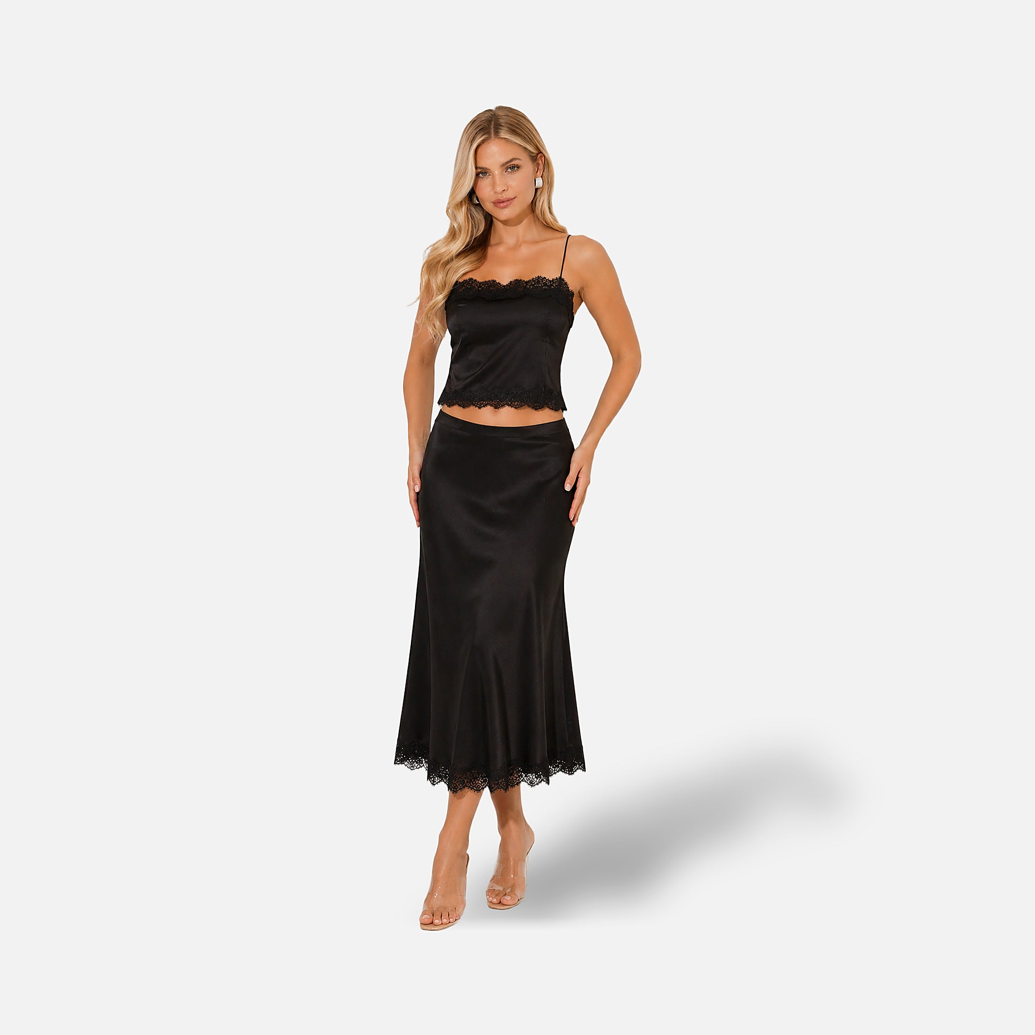 The Athletics Society | Women's Satin Lace Co-Ord Set Black Cami Top & Midi Skirt - 4