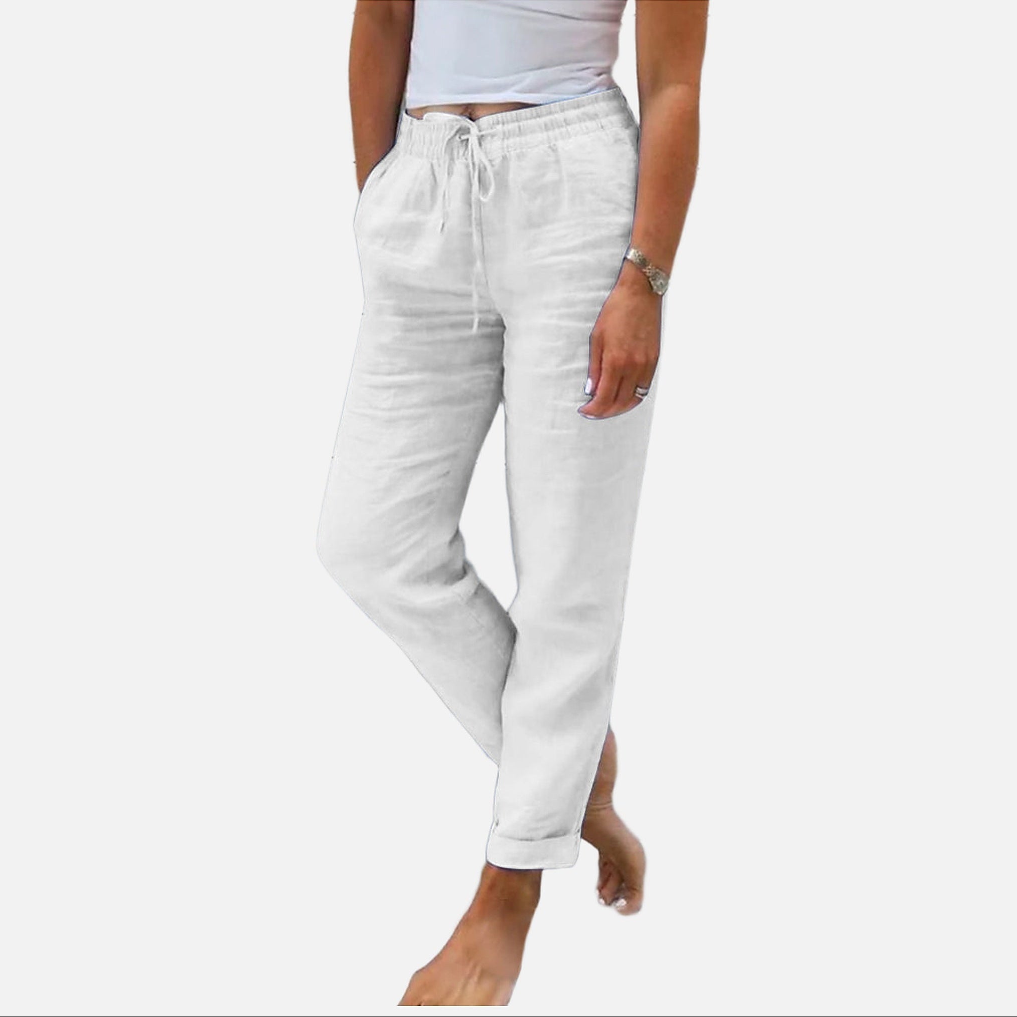The Athletics Society | Women's Linen Cotton Pants Elastic Waist Straight Leg Casual - 2