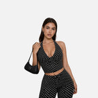 The Athletics Society | Women's Polka Dot Capri Set Halter Top & Capri Trousers Black White - 1