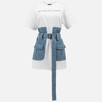 The Athletics Society | Women's White Denim Mini Dress Oversized Fit Belt & Utility Pockets - 5