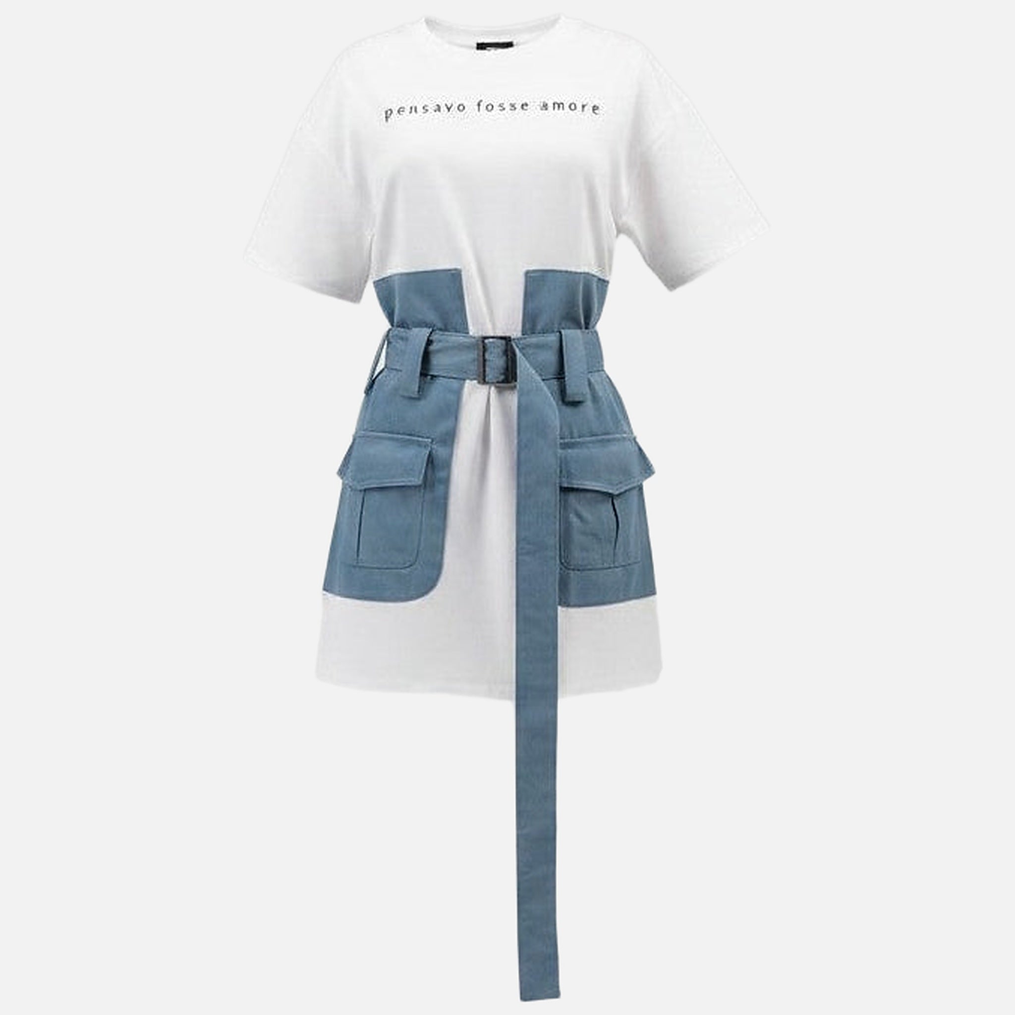 The Athletics Society | Women's White Denim Mini Dress Oversized Fit Belt & Utility Pockets - 5