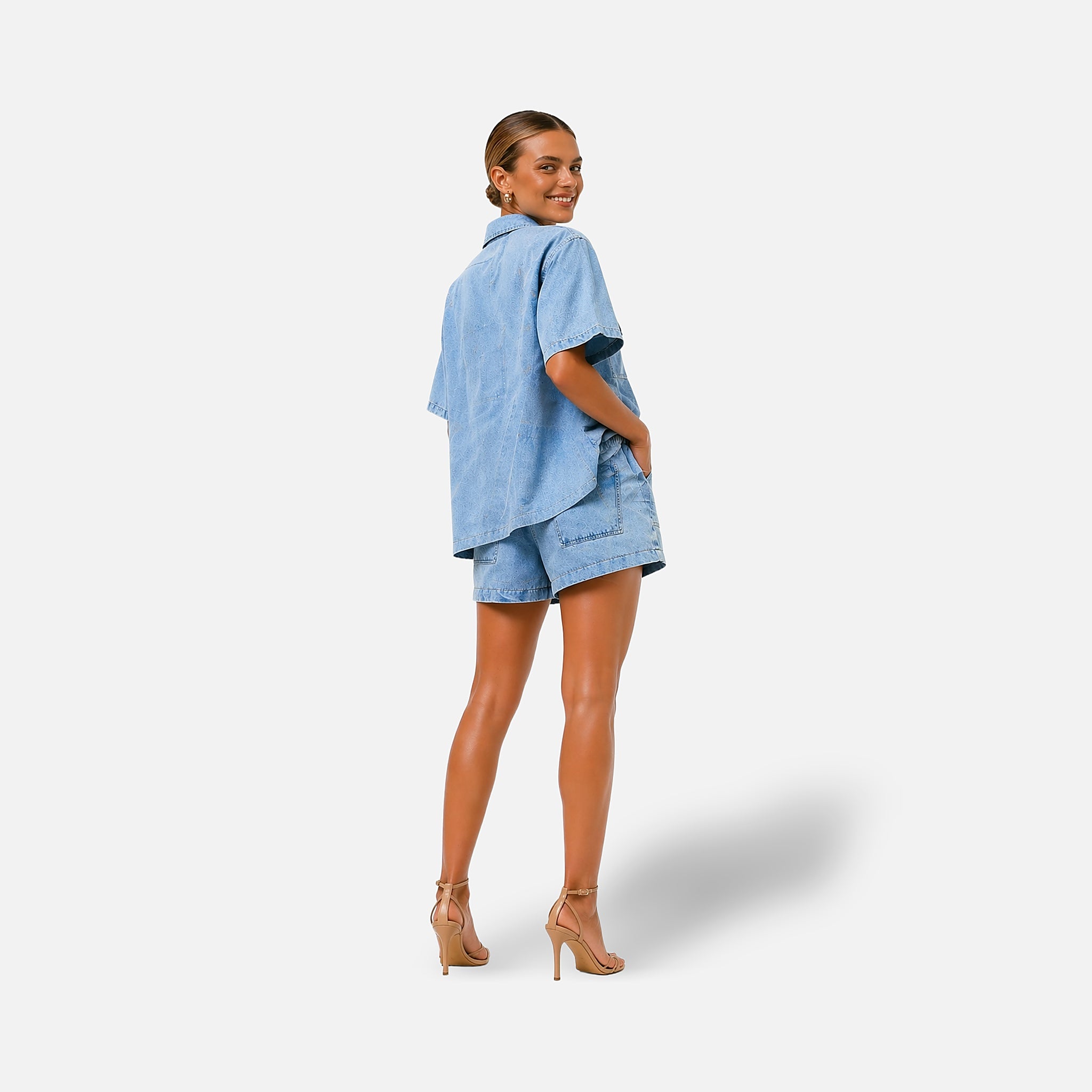 The Athletics Society | Women's Denim Two Piece Set Shirt & High-Waist Shorts Blue - 2