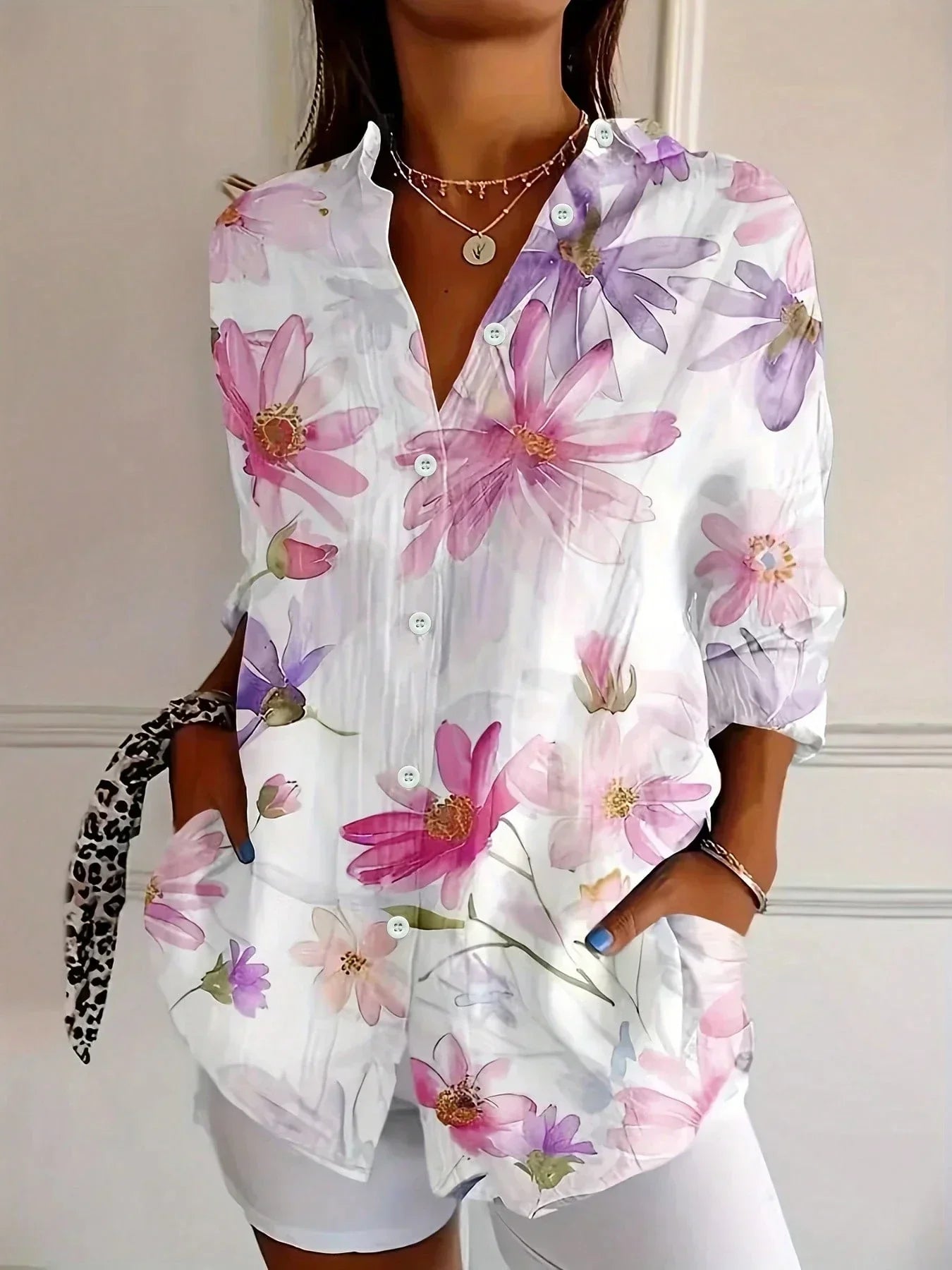 The Athletics Society | Women's Relaxed Floral Button-Up Shirt - 6