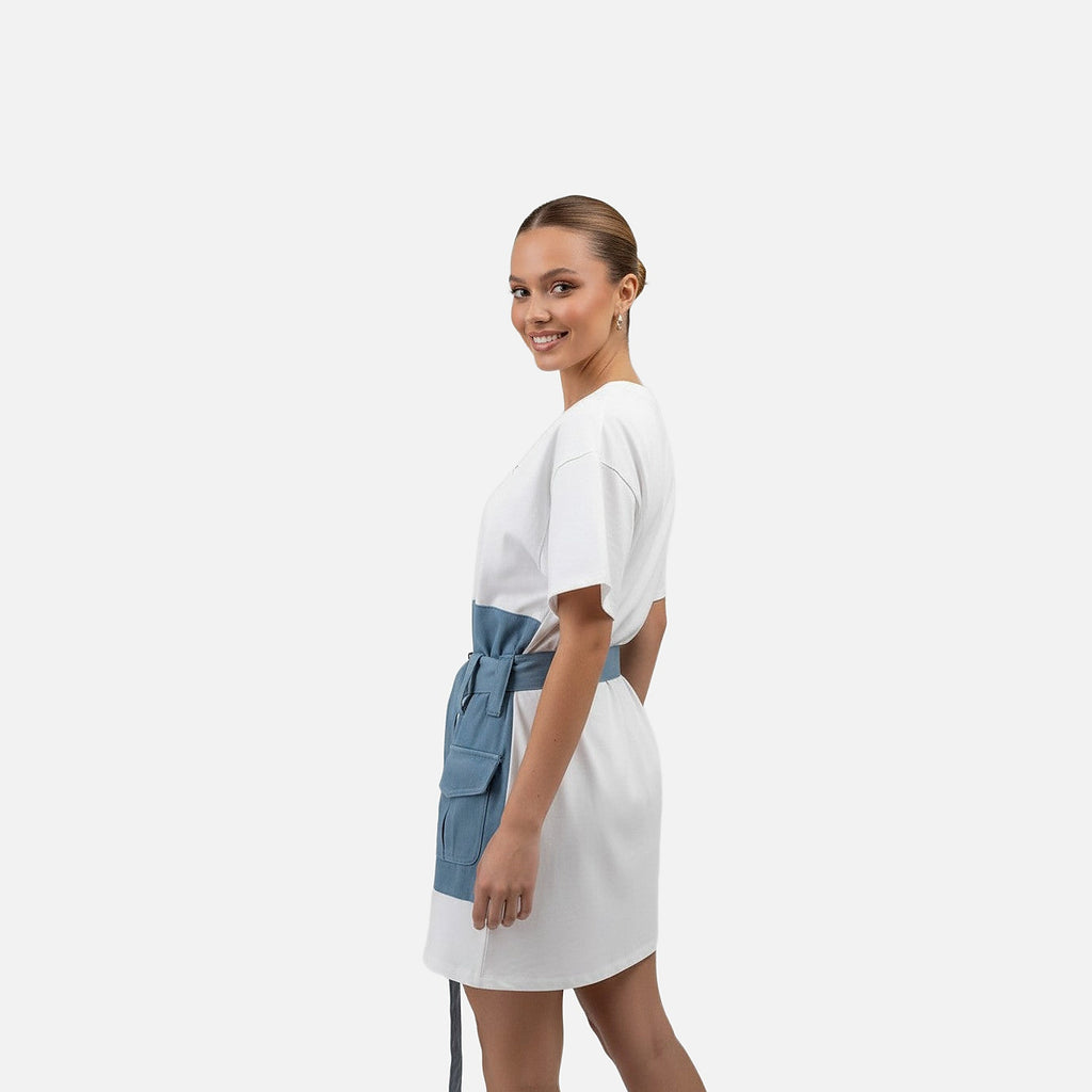 The Athletics Society | Women's White Denim Mini Dress Oversized Fit Belt & Utility Pockets - 4