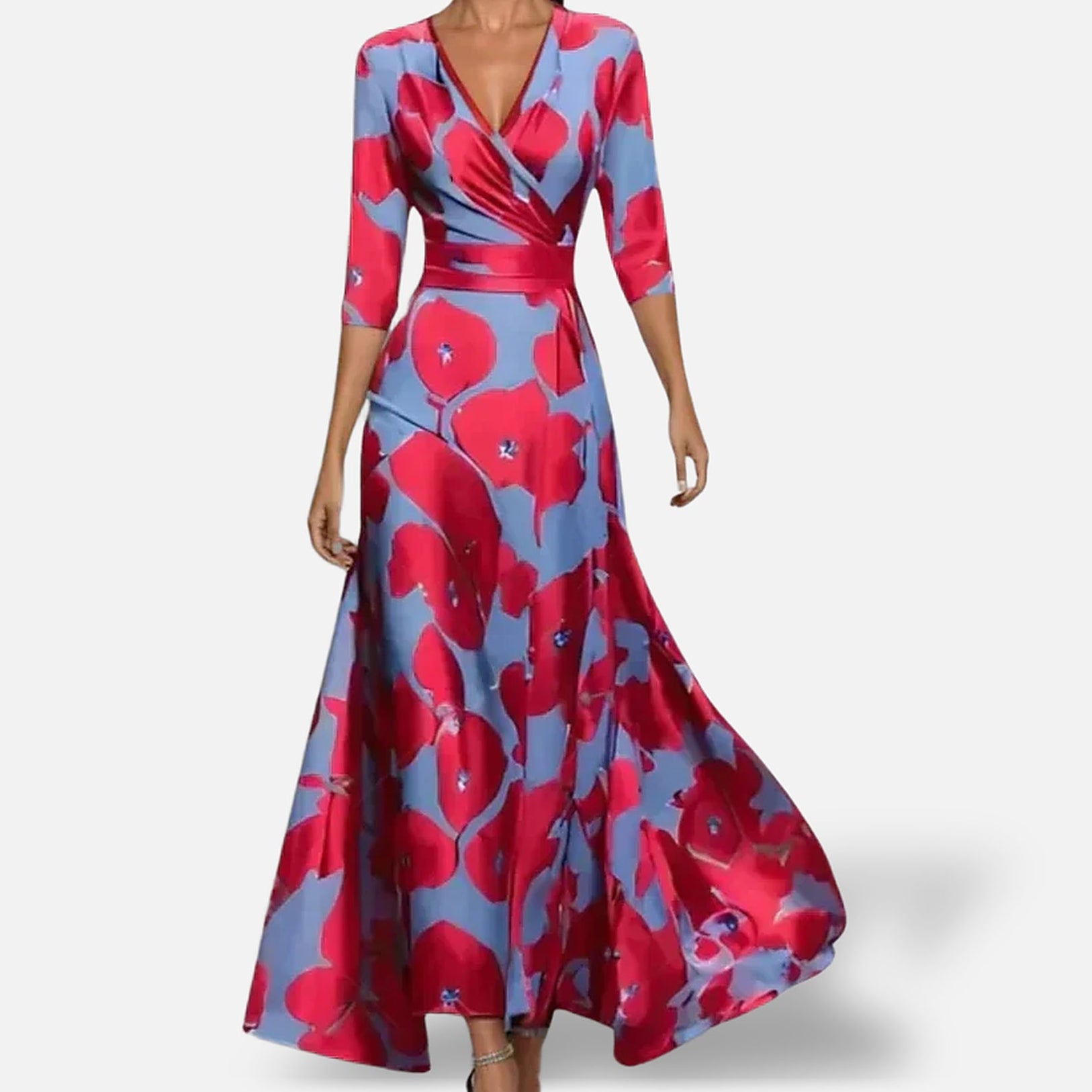 The Athletics Society | Women's Floral Wrap Dress Breathable 3/4 Sleeve Midi Flowing Skirt - 1