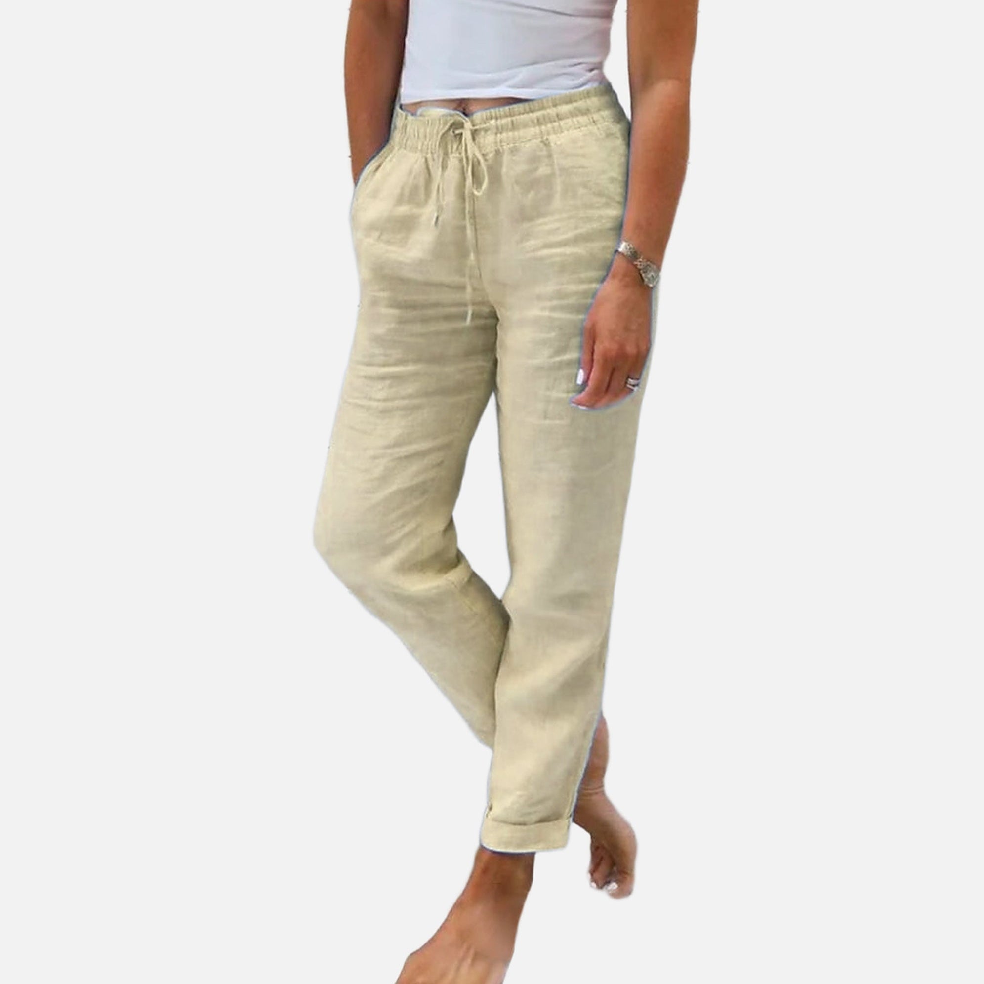 The Athletics Society | Women's Linen Cotton Pants Elastic Waist Straight Leg Casual - 6