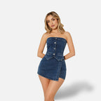 The Athletics Society | Women's Denim Two Piece Set Strapless Corset Top & Mini Skirt - 4