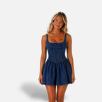 The Athletics Society | Women's Denim Halter Mini Dress Structured A-Line Skater Light Blue - 8