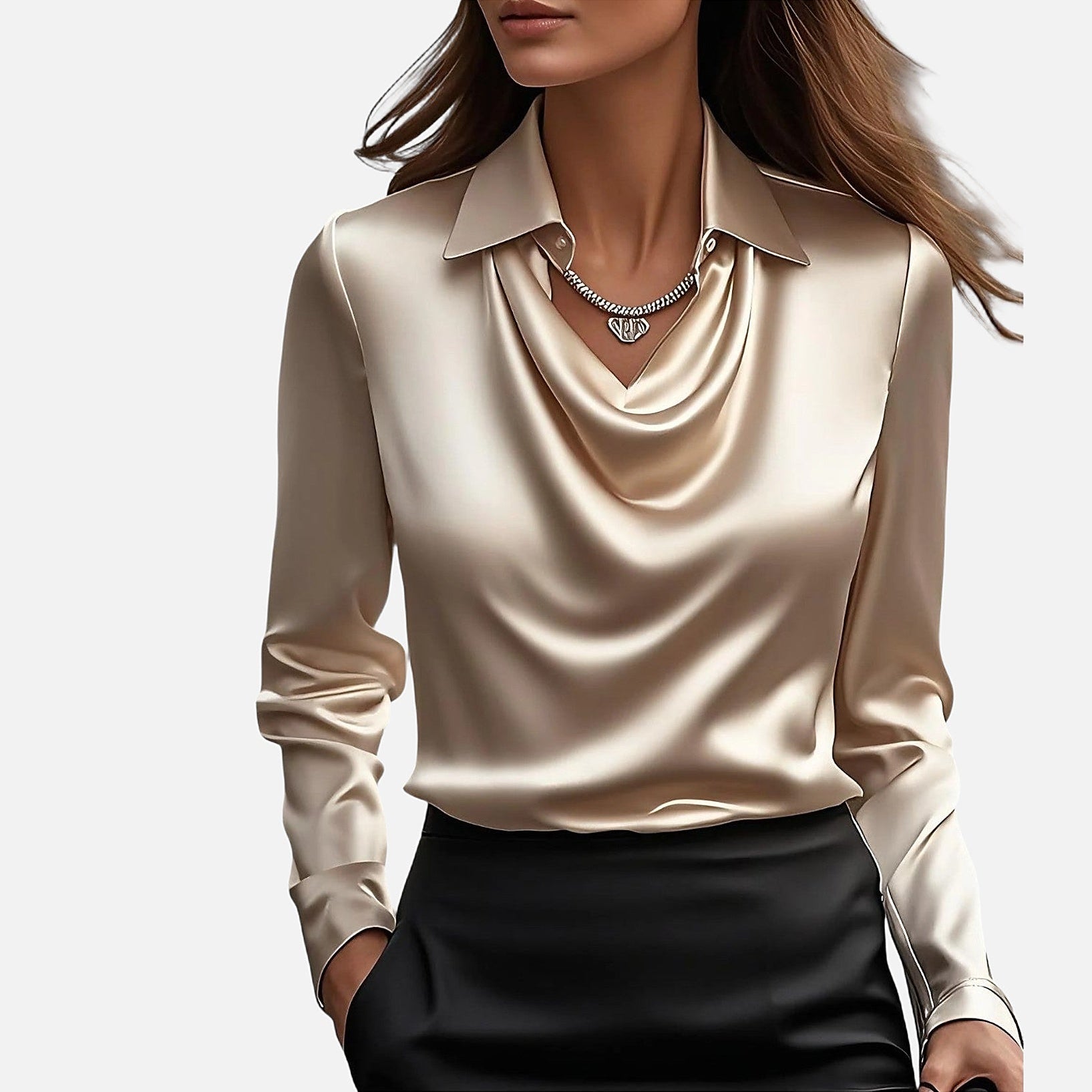 The Athletics Society | Women's Satin Blouse Draped Neckline Slim Fit Elegant Top - 4