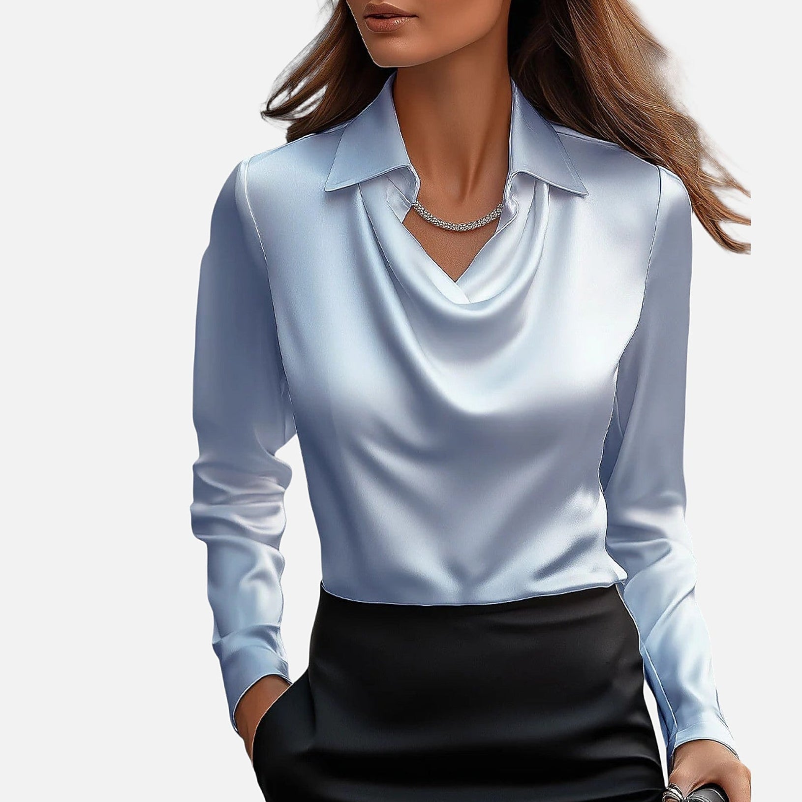 The Athletics Society | Women's Satin Blouse Draped Neckline Slim Fit Elegant Top - 8