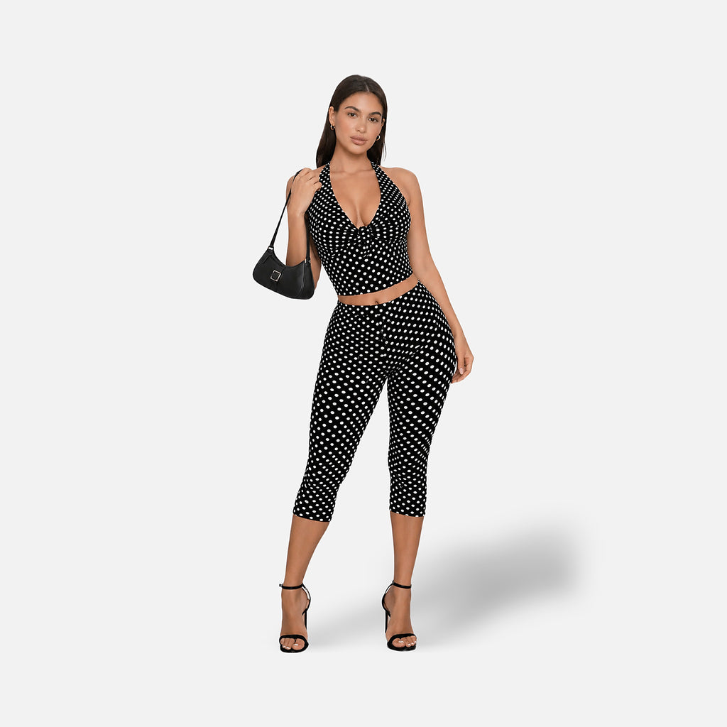 The Athletics Society | Women's Polka Dot Capri Set Halter Top & Capri Trousers Black White - 2