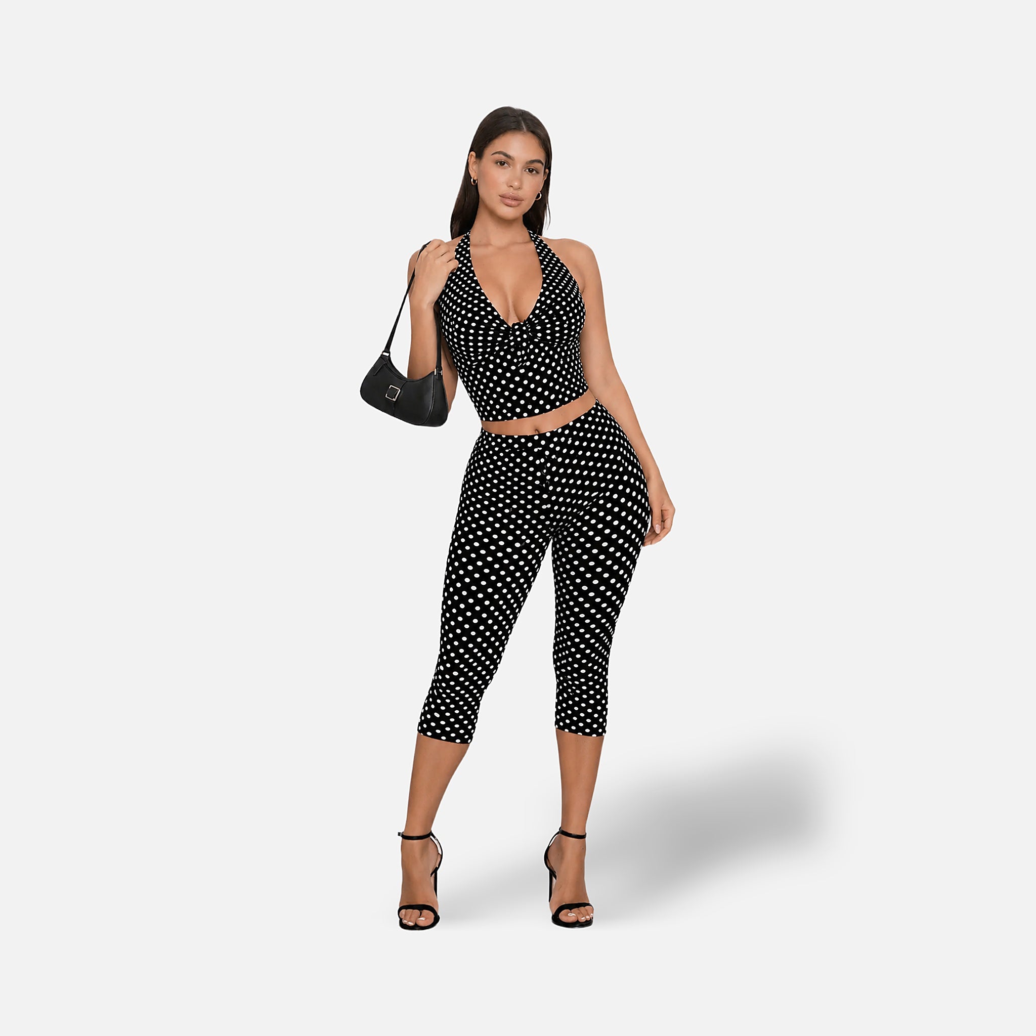 The Athletics Society | Women's Polka Dot Capri Set Halter Top & Capri Trousers Black White - 2
