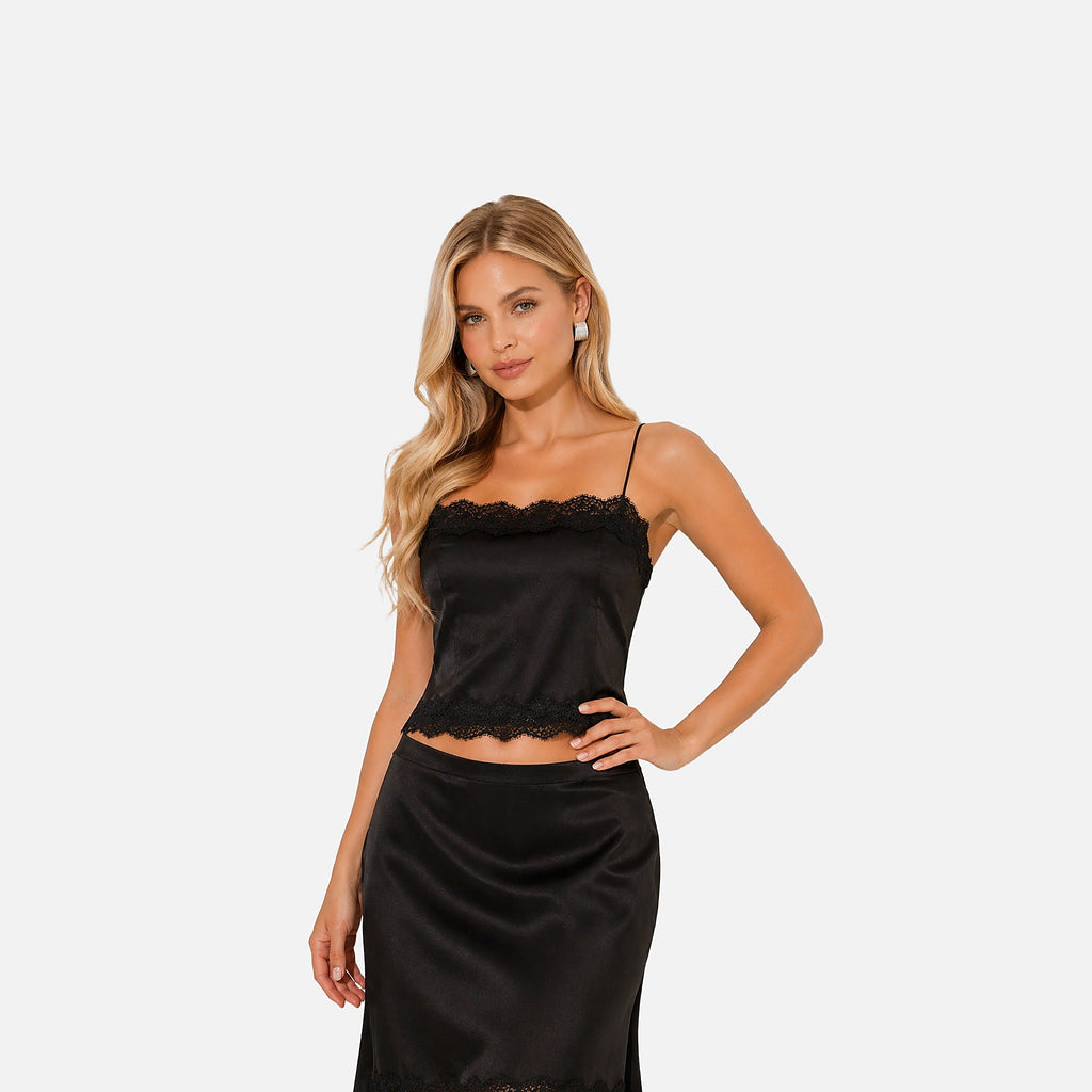 The Athletics Society | Women's Satin Lace Co-Ord Set Black Cami Top & Midi Skirt - 1