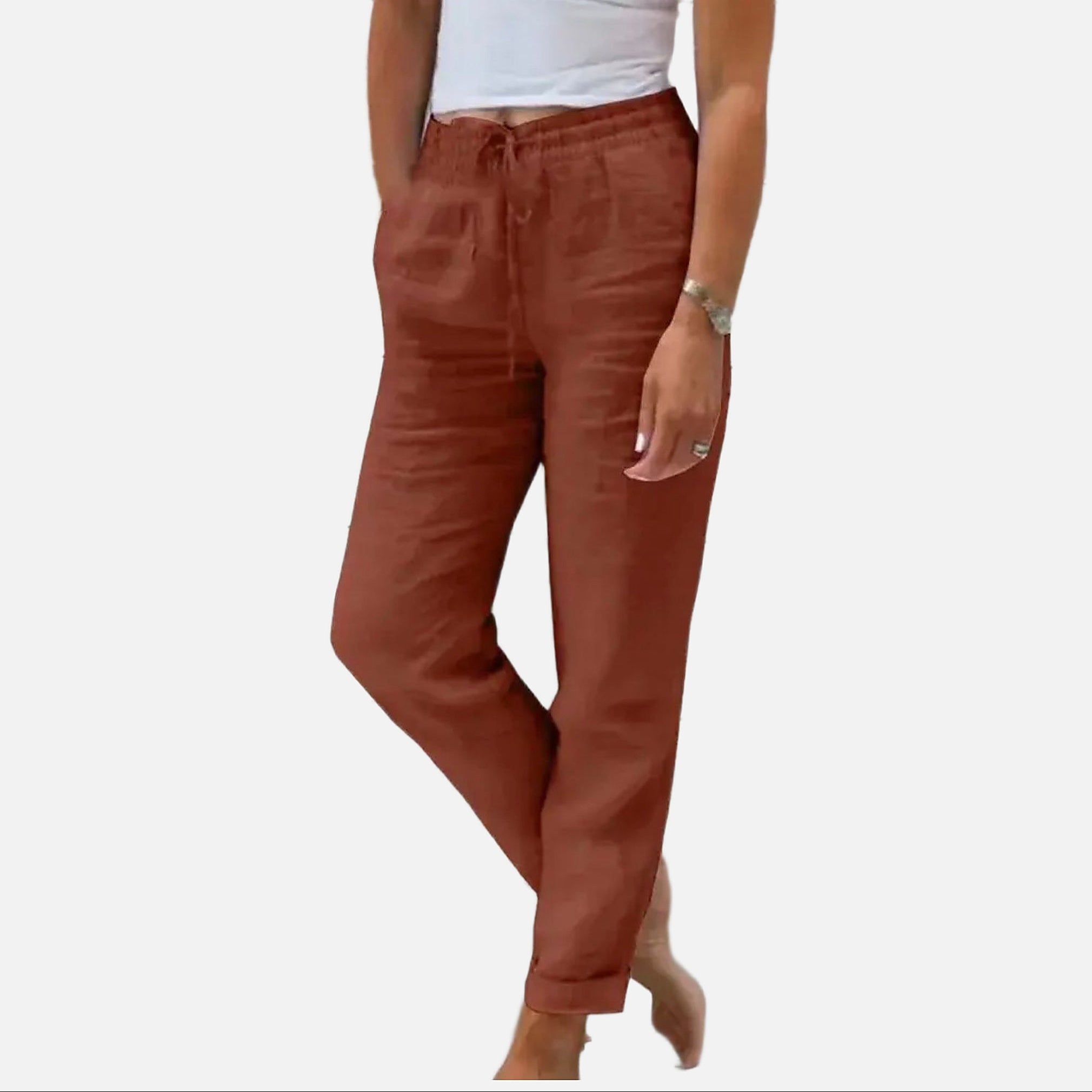 The Athletics Society | Women's Linen Cotton Pants Elastic Waist Straight Leg Casual - 4