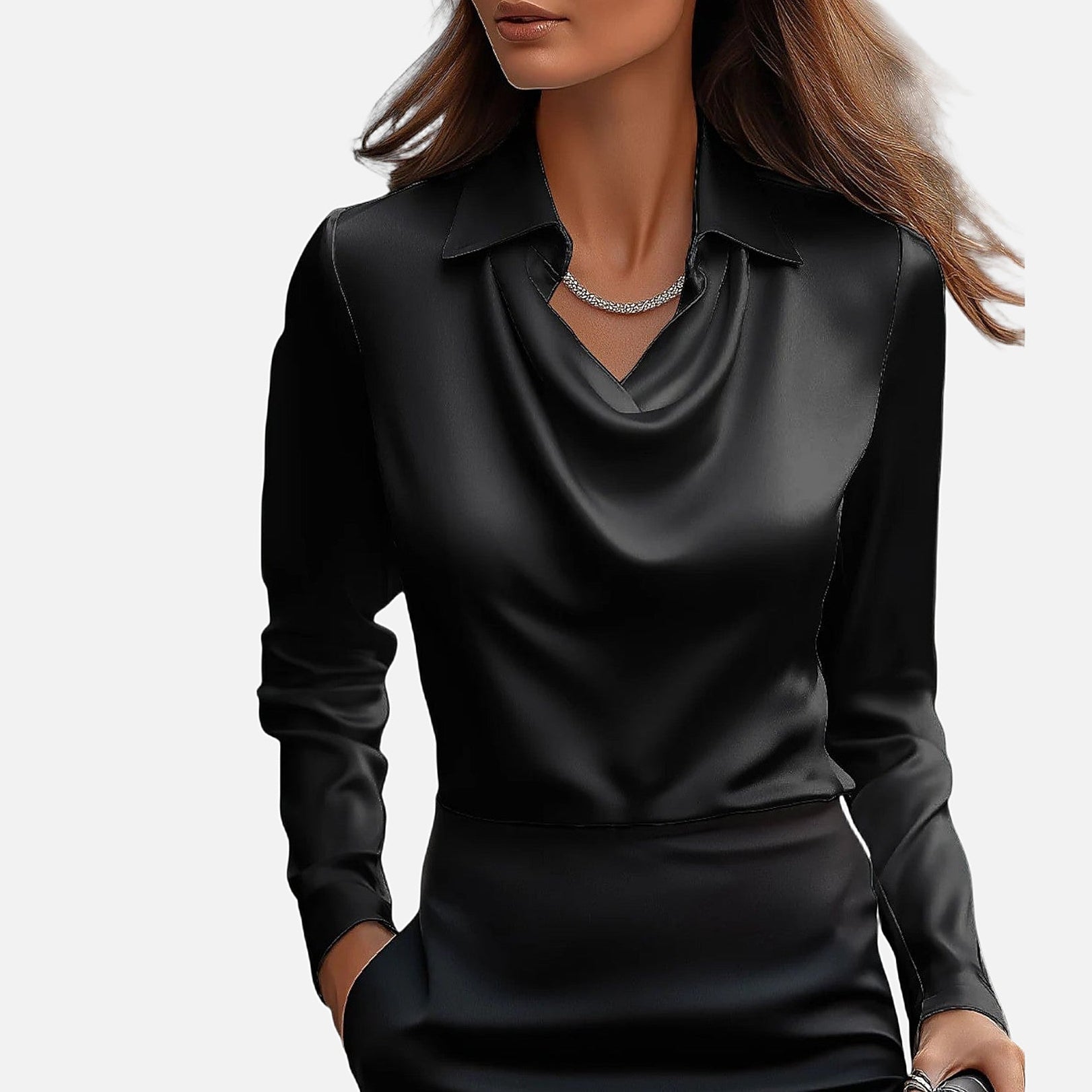 The Athletics Society | Women's Satin Blouse Draped Neckline Slim Fit Elegant Top - 6