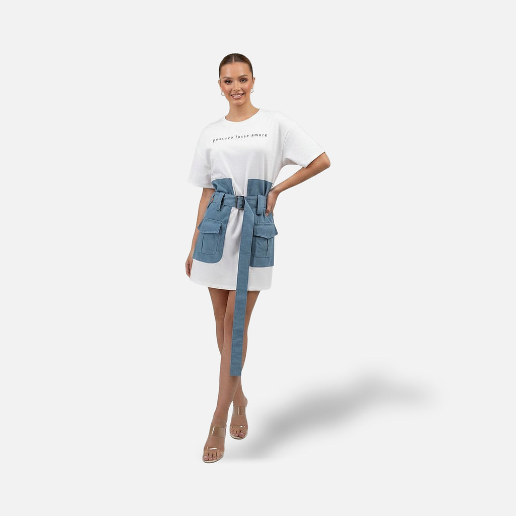 The Athletics Society | Women's White Denim Mini Dress Oversized Fit Belt & Utility Pockets - 2