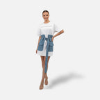 The Athletics Society | Women's White Denim Mini Dress Oversized Fit Belt & Utility Pockets - 2
