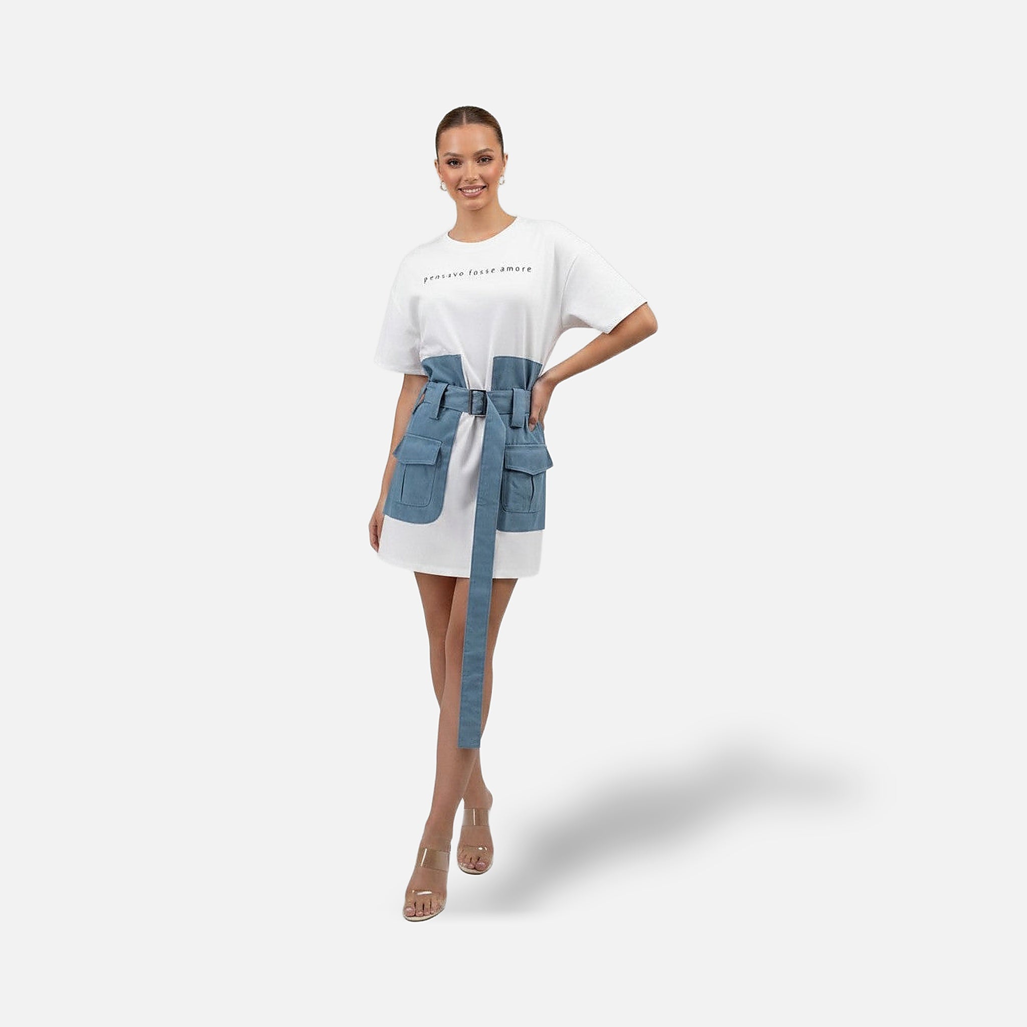 The Athletics Society | Women's White Denim Mini Dress Oversized Fit Belt & Utility Pockets - 2